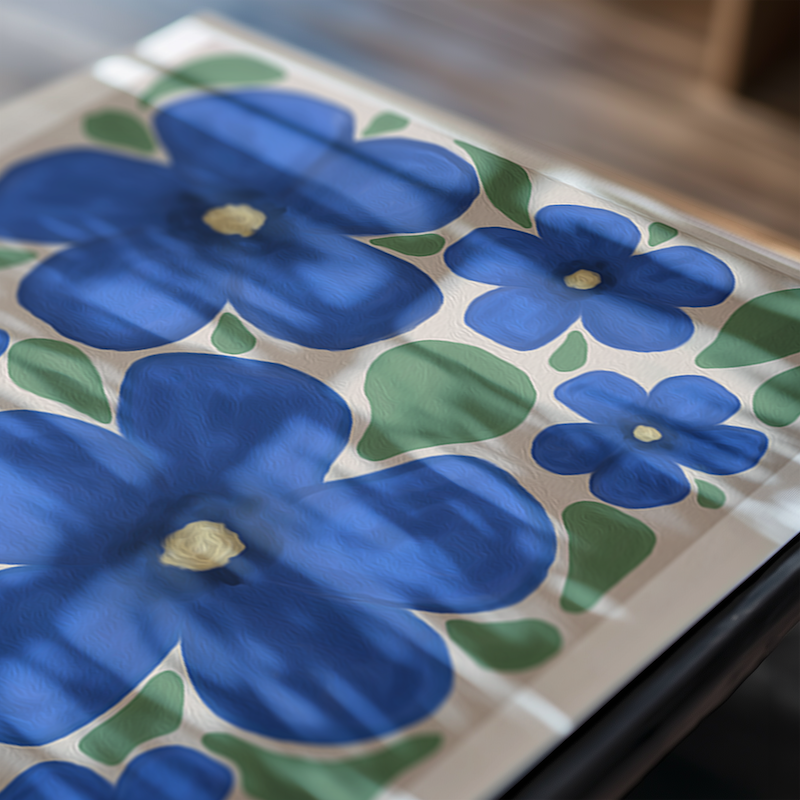 A colourful blue hibiscus bedroom print with light shadows