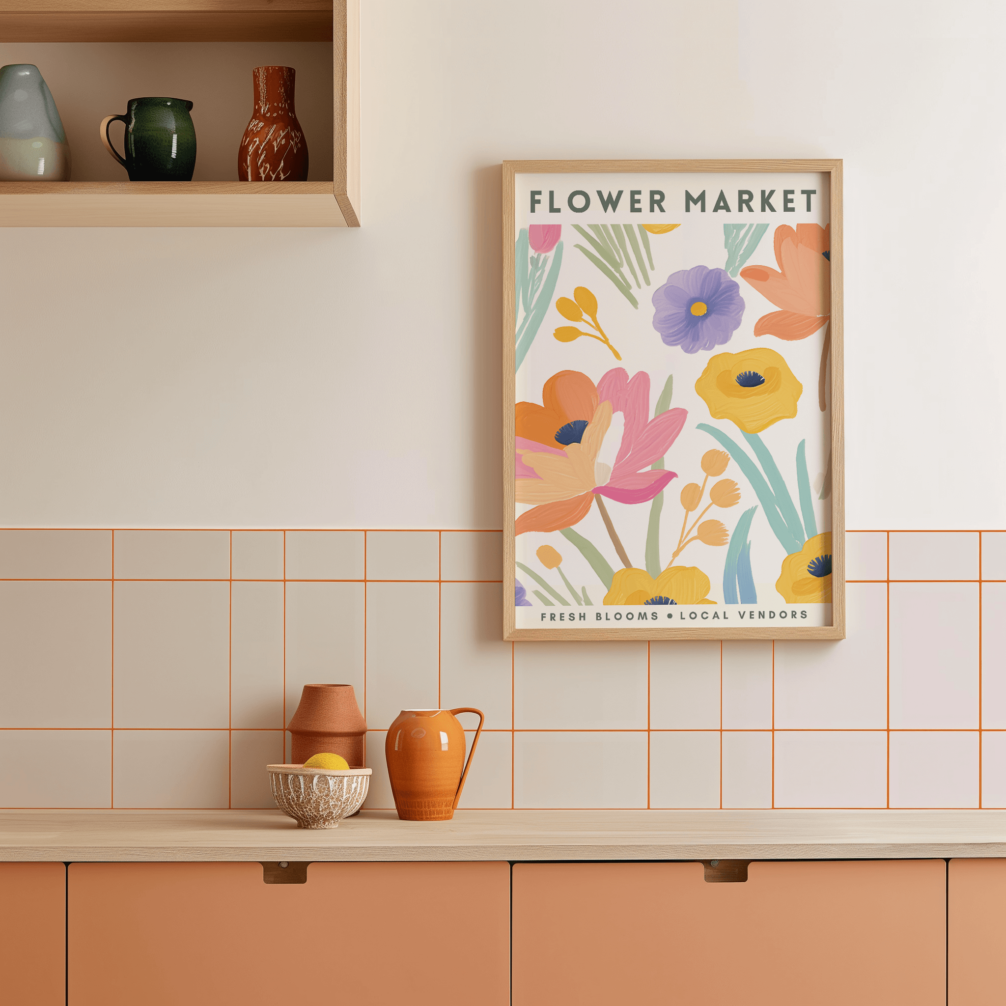 Framed floral print titled 'Flower Market' on a kitchen wall with decorative vases and bowls.