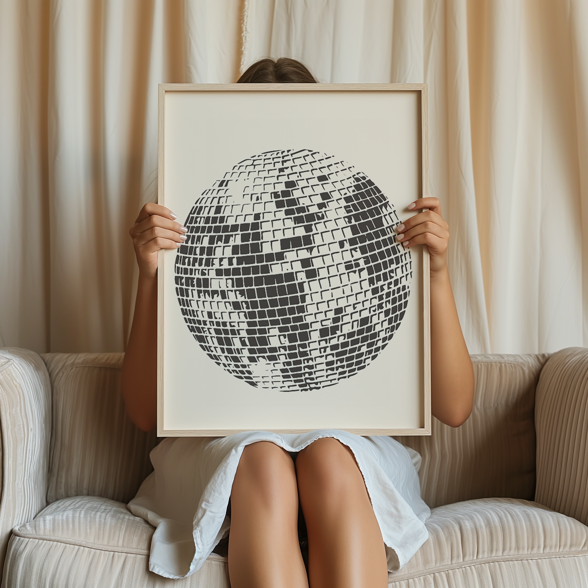 Person holding a framed black and white disco ball print against a neutral background