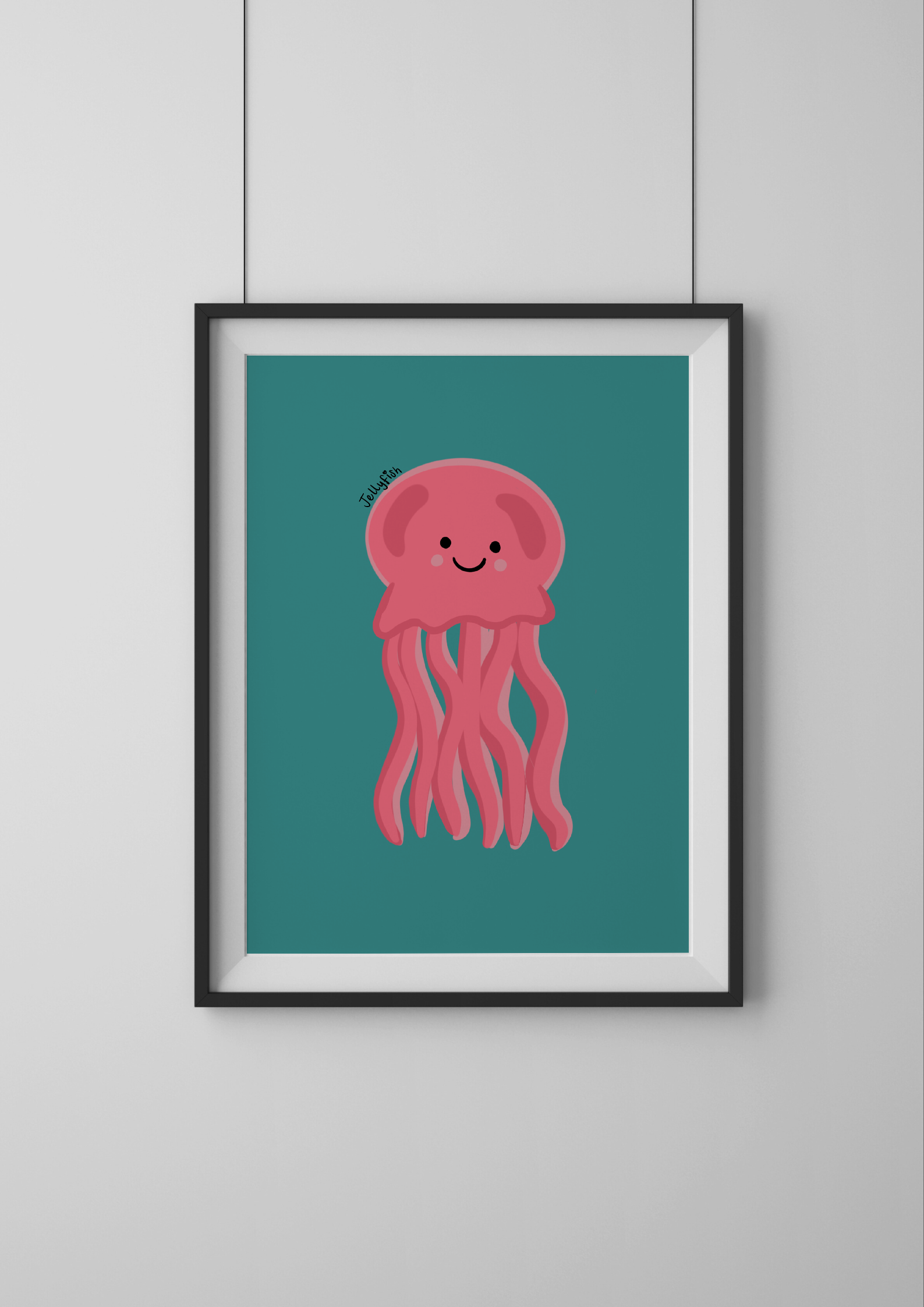 Framed artwork of a pink jellyfish on a teal background