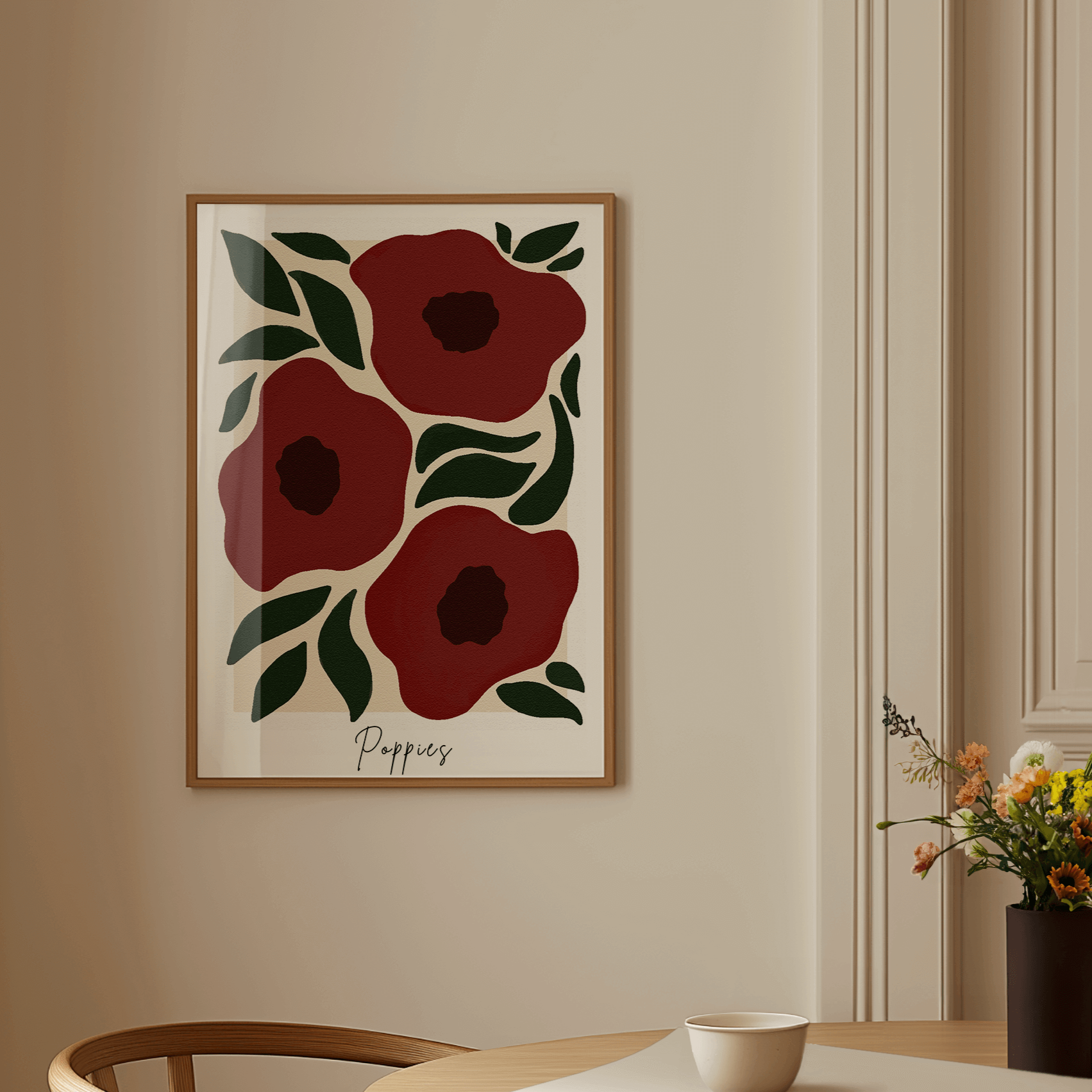 Dining room with a wooden chair, table, and floral artwork on the wall.