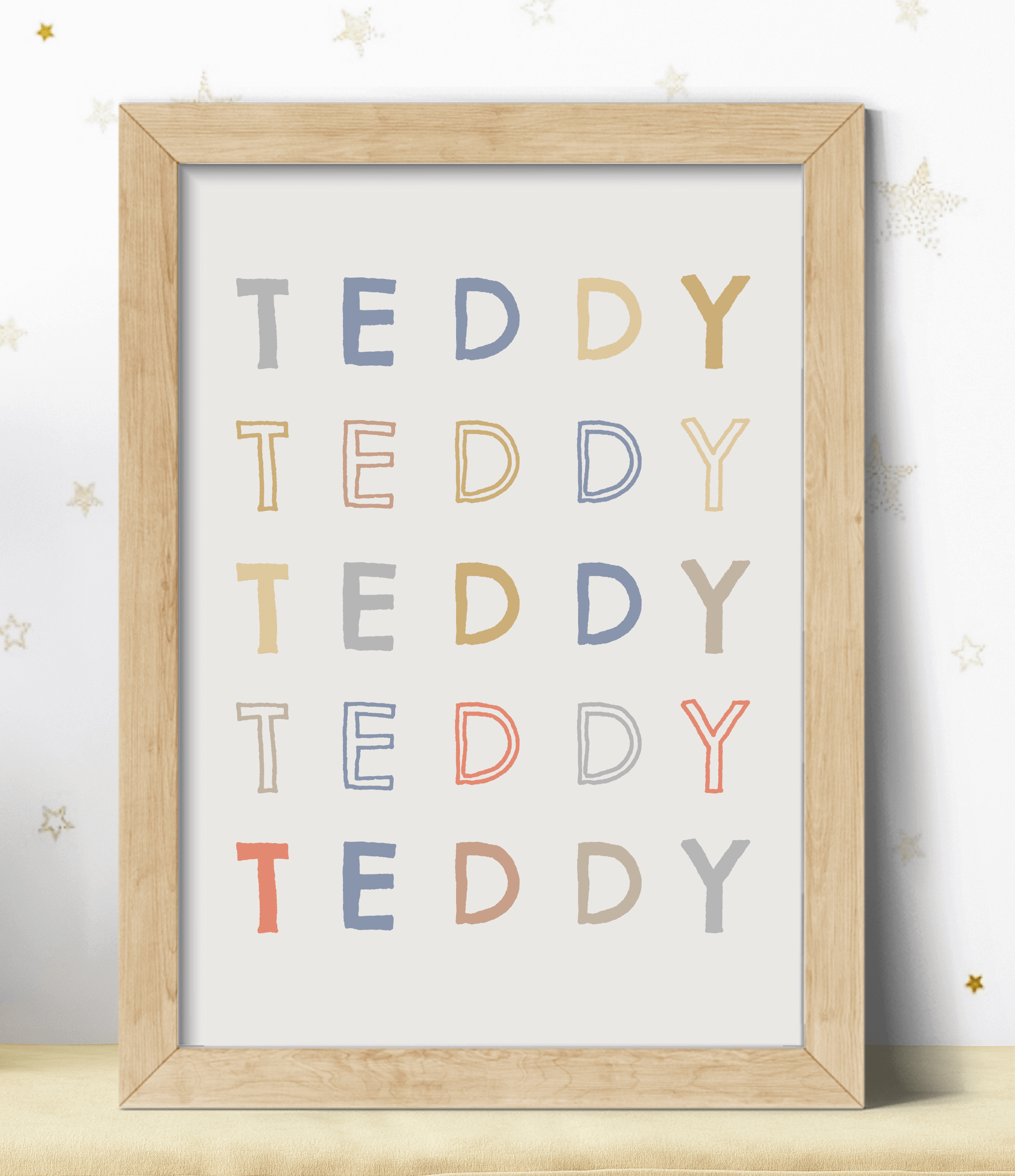 Personalised art print for kids in muted colours against a neutral background in a wooden frame