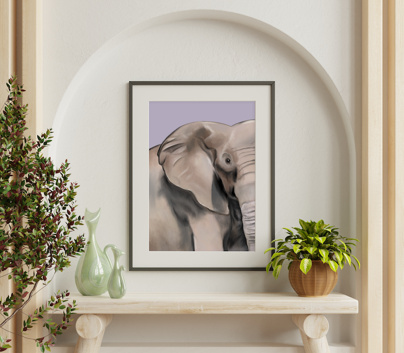 A framed print featuring an elephant, surrounded by decorative plants and vases.