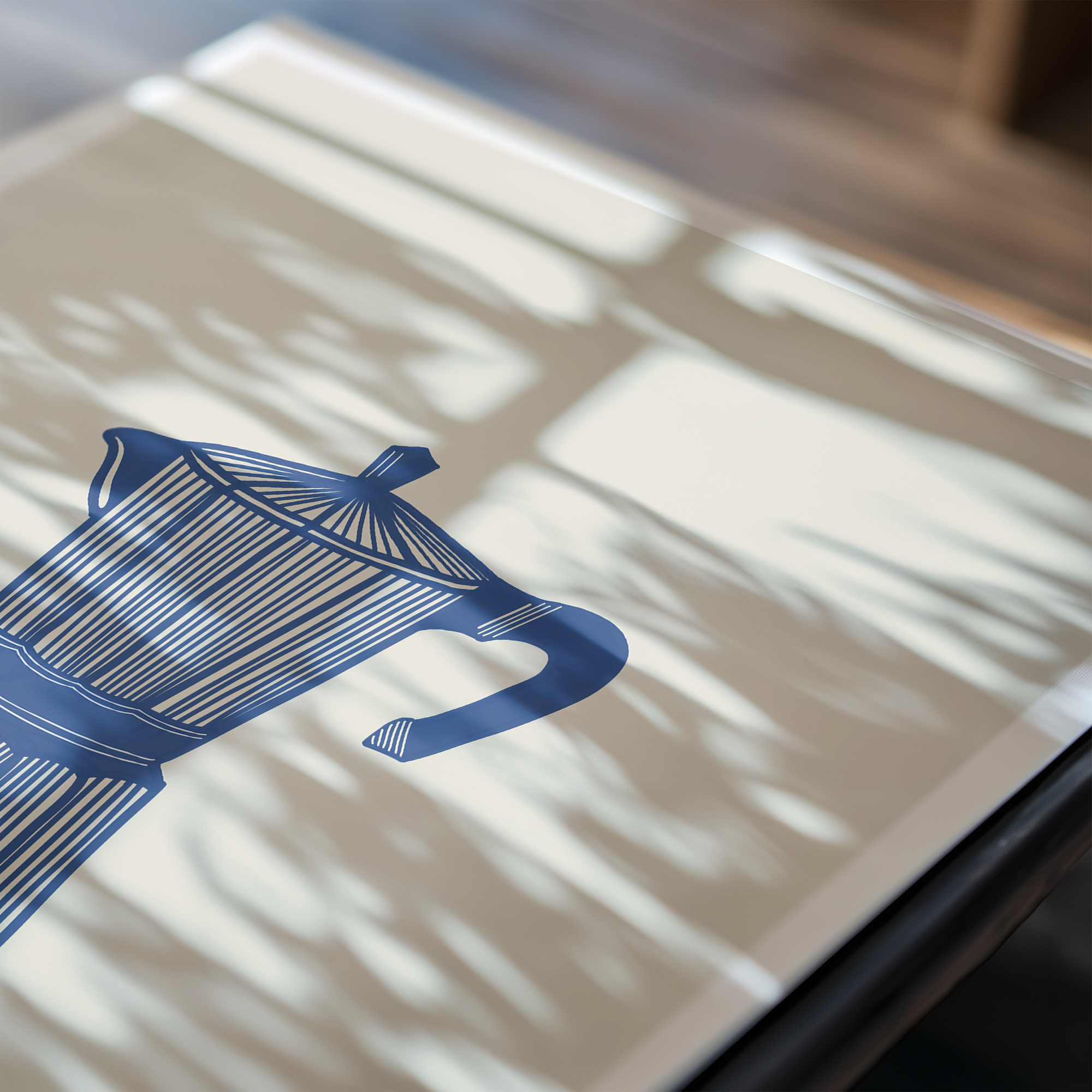 Italian coffee art print close up image featuring moka pot illustration in navy and beige.