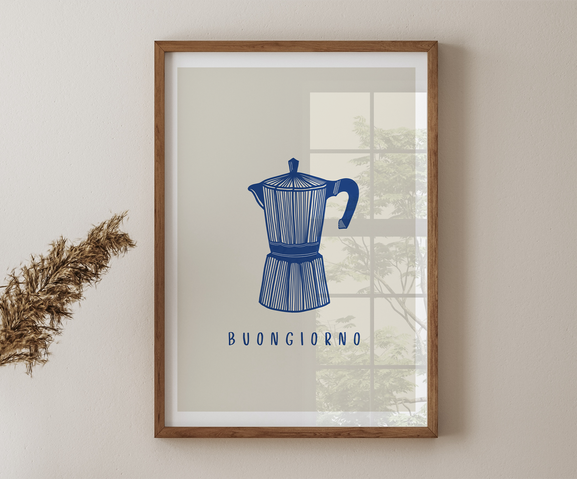 Wall hung framed art print with moka pot illustration and "Buongiorno" typography against neutral decor.