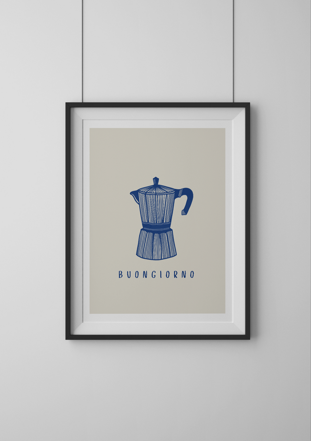 Framed artwork with a blue Moka pot illustration and 'Buongiorno' text on a beige background.