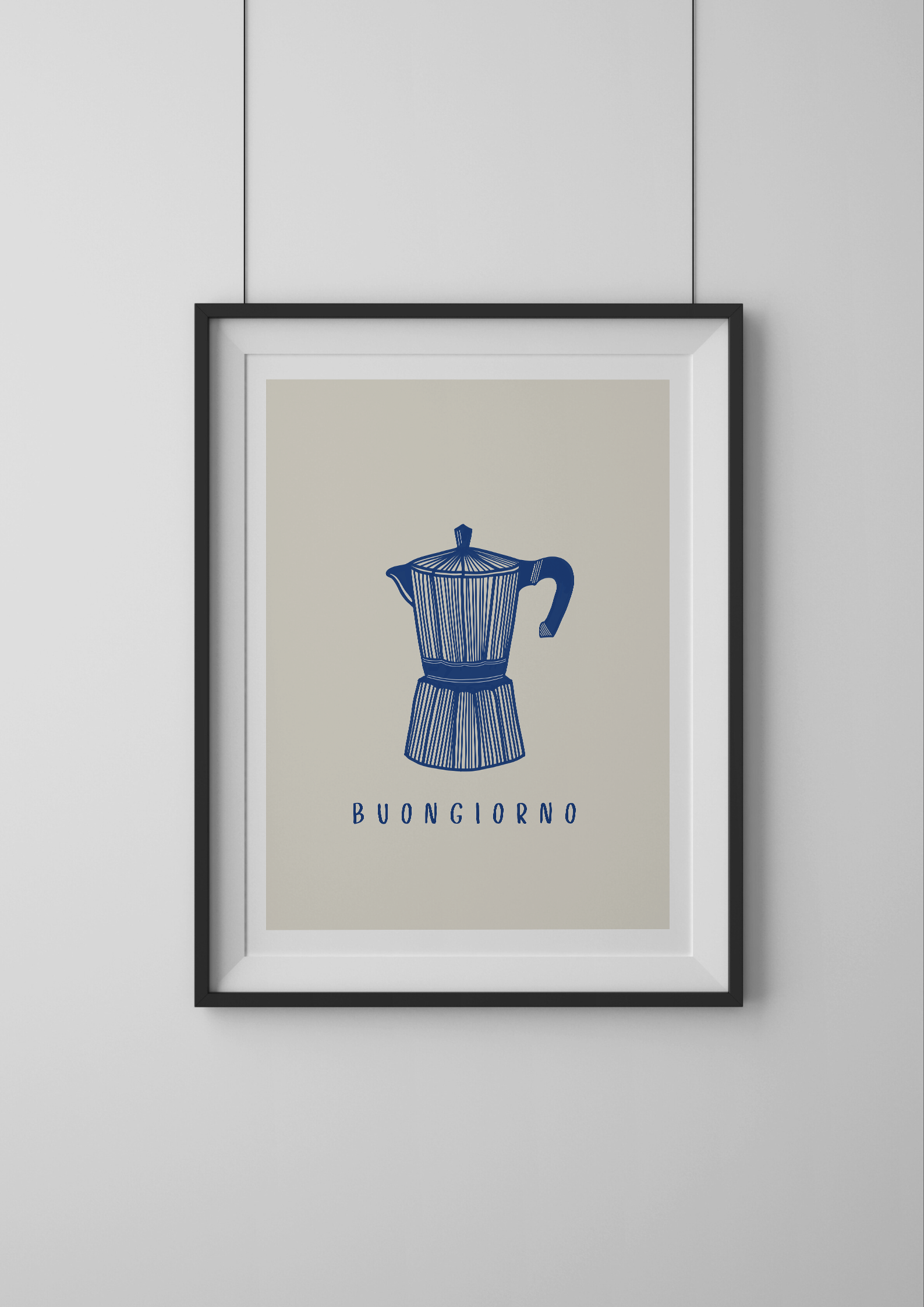 Framed artwork with a blue Moka pot illustration and 'Buongiorno' text on a beige background.