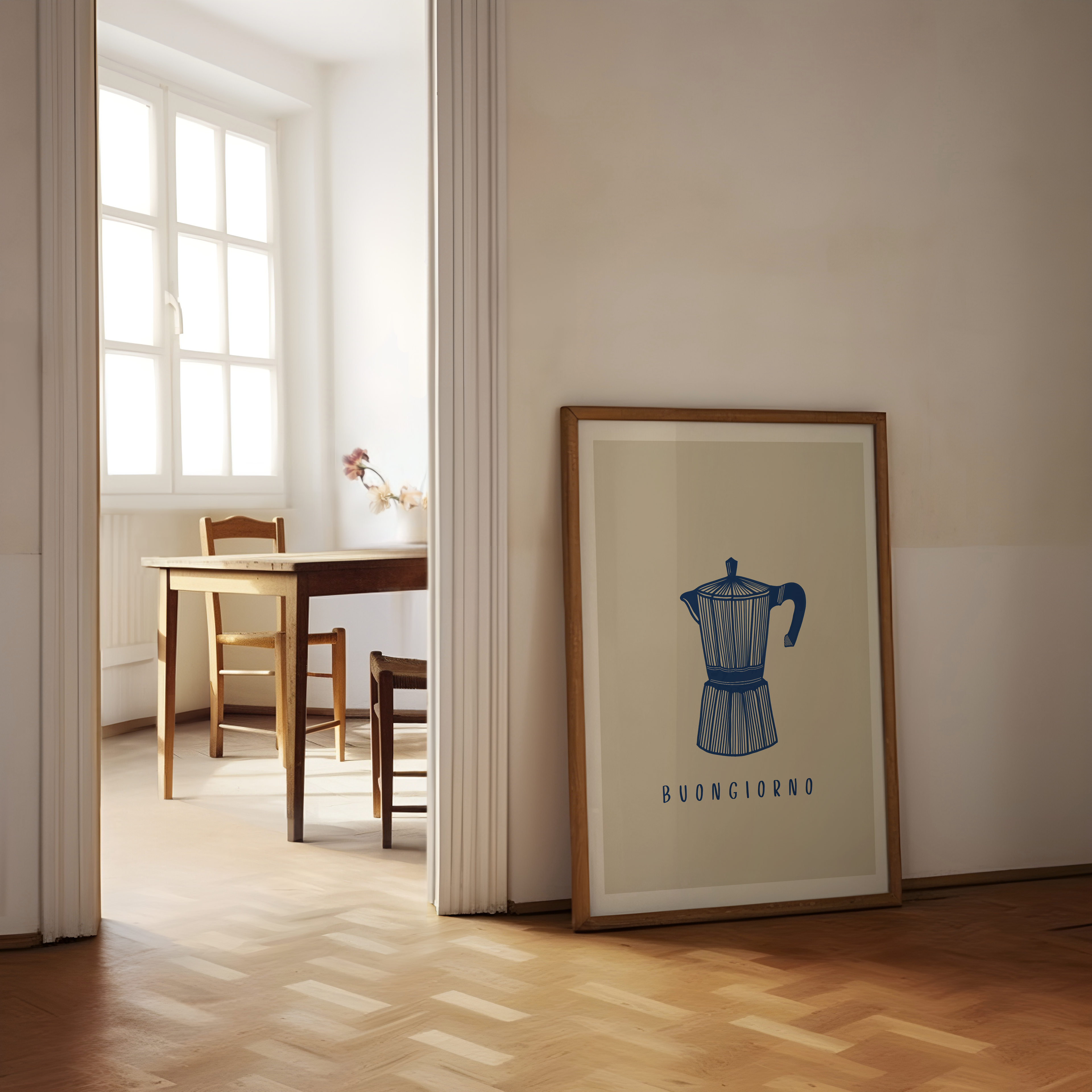 Art print leaning against wall with neutral decor with moka pot illustration and "Buongiorno" typography.