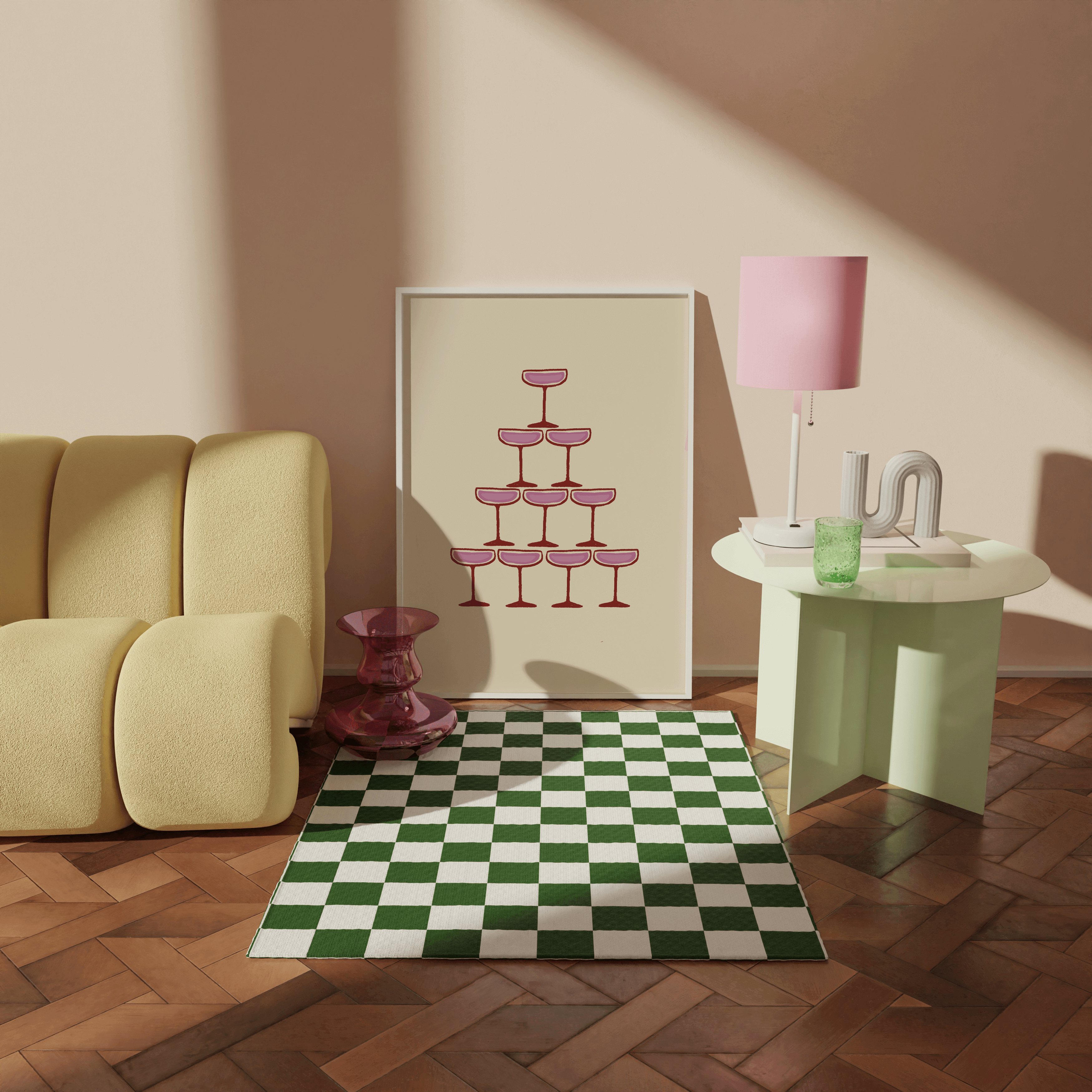 Pink illustration of champagne coupe's forming a champagne fountain, framed, in a leaning frame surrounded by colourful abstract home decor