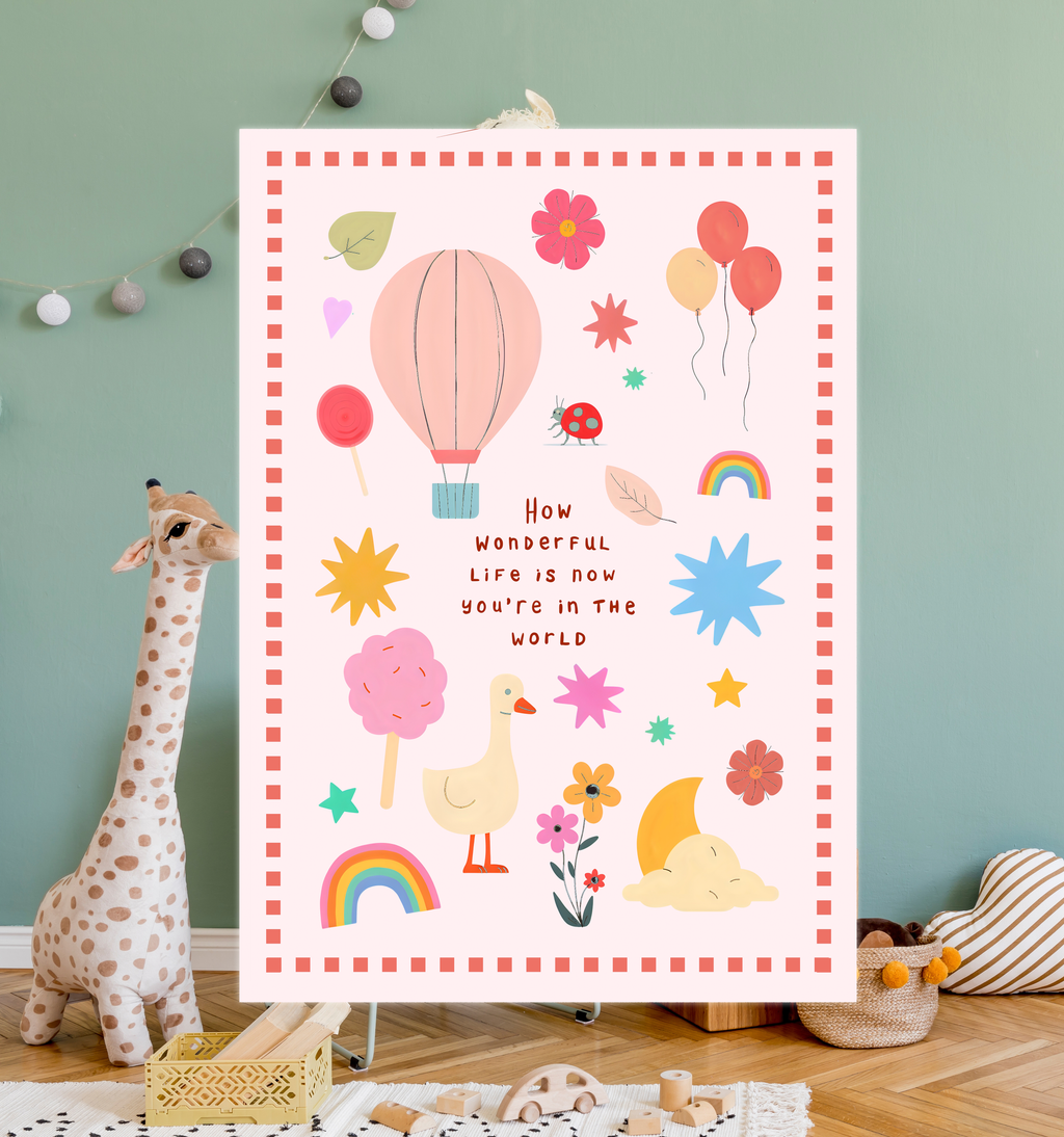 Children's poster with colorful illustrations and text in a room with toys and decor.