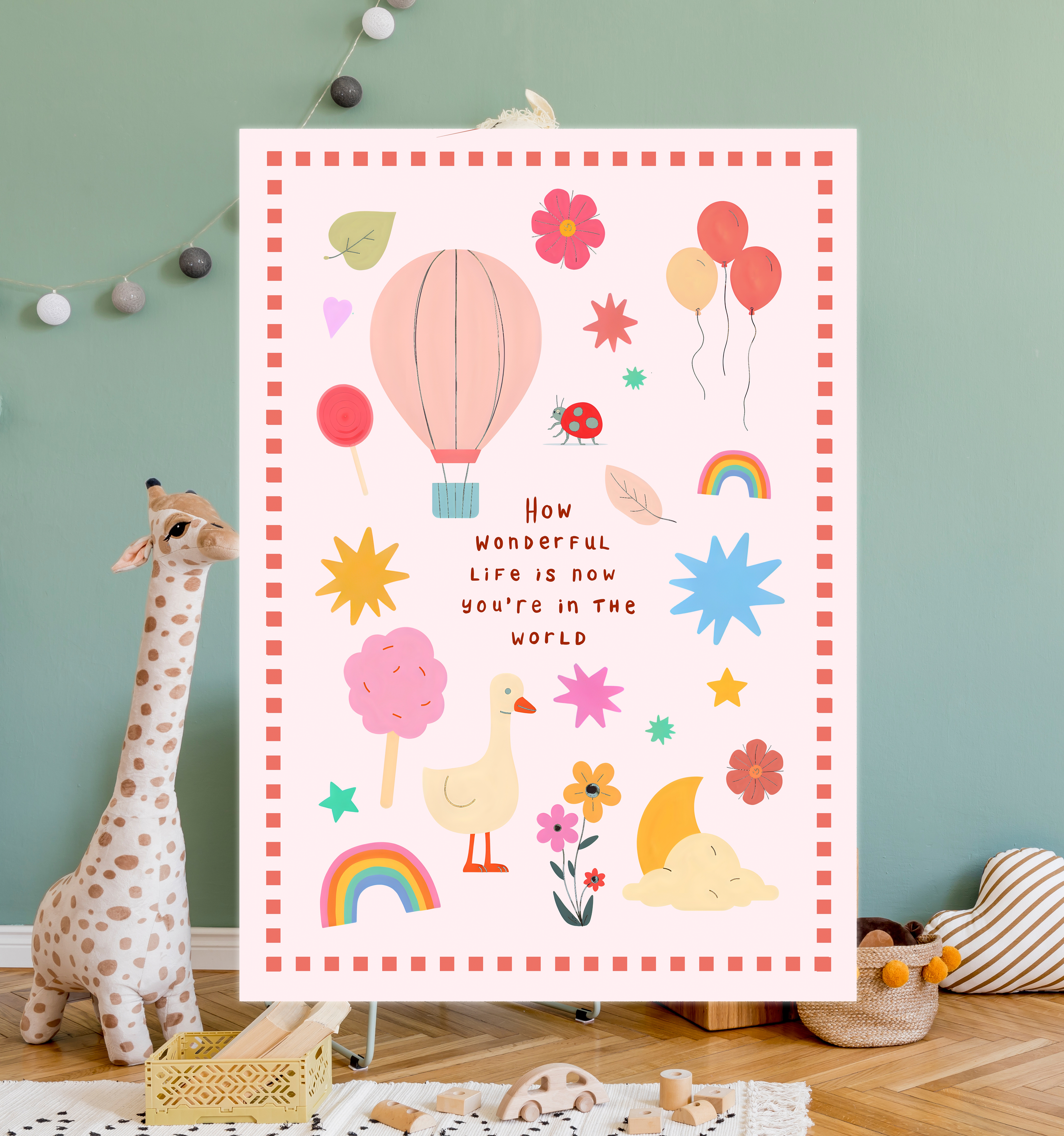 Children's poster with colorful illustrations and text in a room with toys and decor.