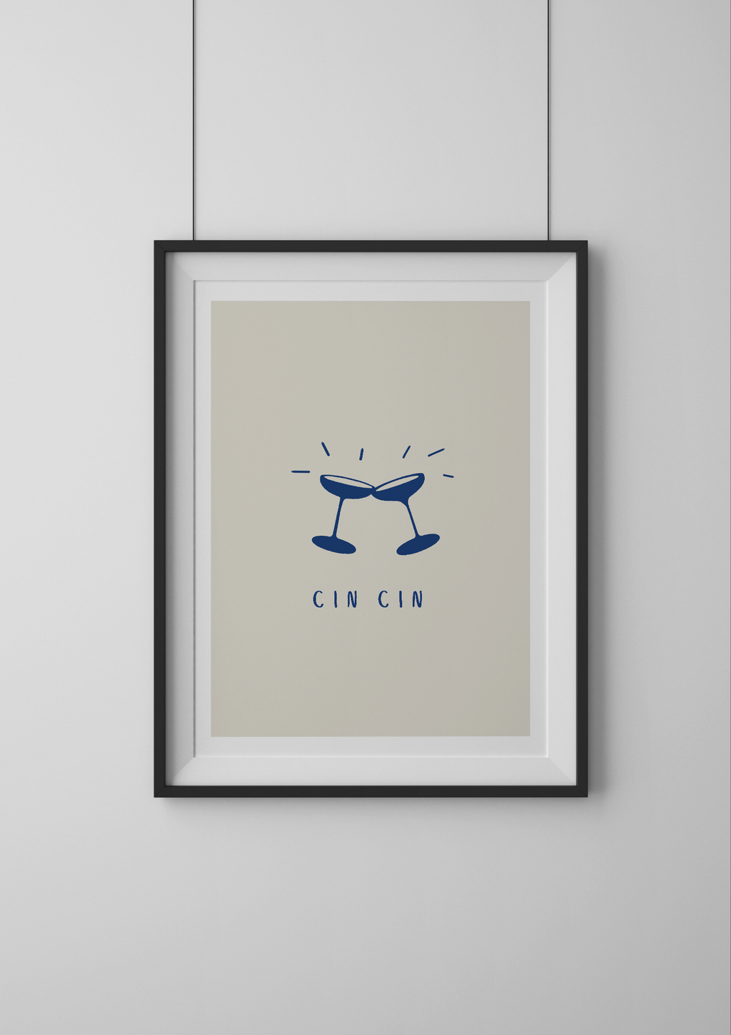 Framed artwork with 'Cin Cin' text and champagne glass illustration on a beige background.