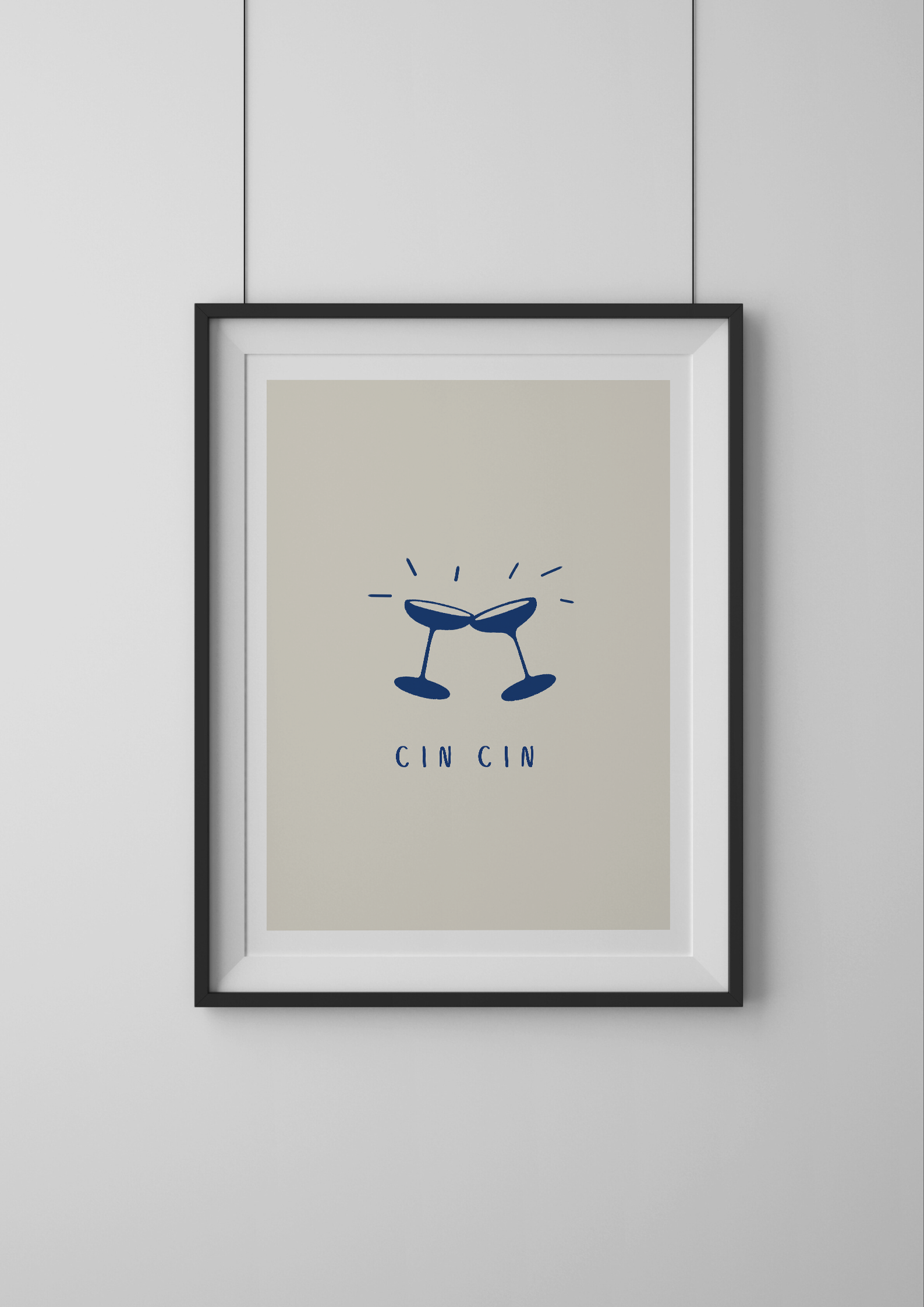 Framed artwork with 'Cin Cin' text and champagne glass illustration on a beige background.
