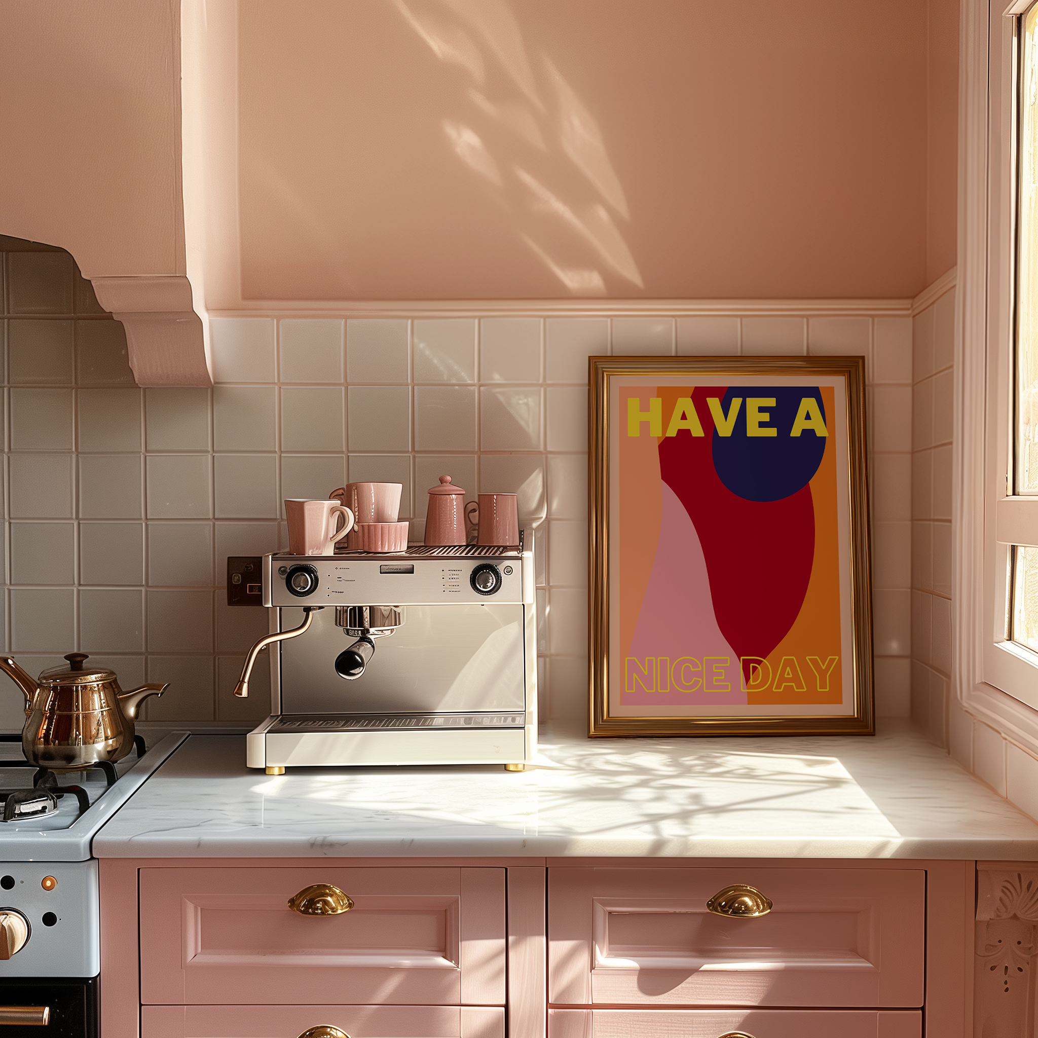 Kitchen with pink cabinets, espresso machine, and colorful poster on the wall.