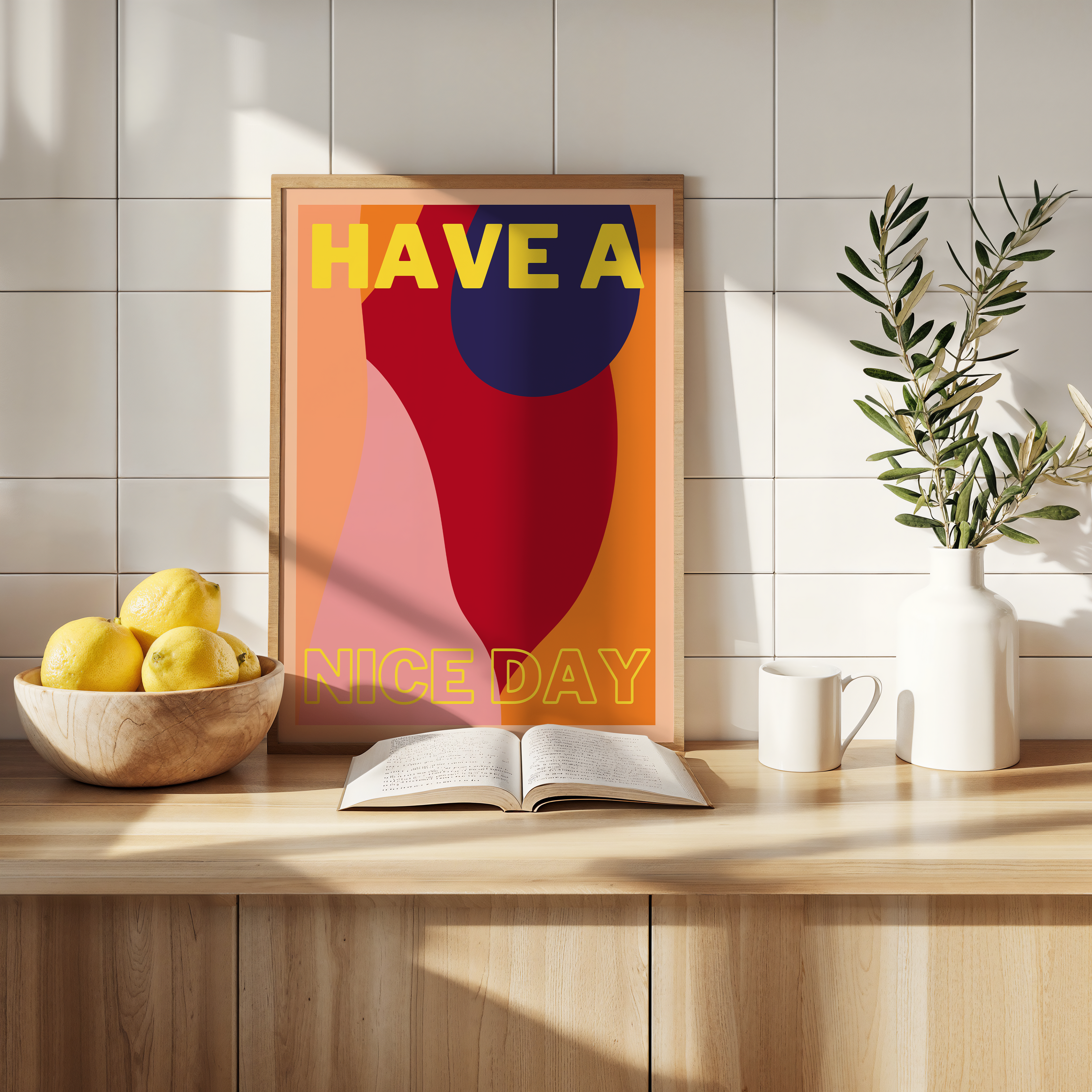 Framed poster with 'HAVE A NICE DAY' text on a wooden shelf with lemons, book, and plant.
