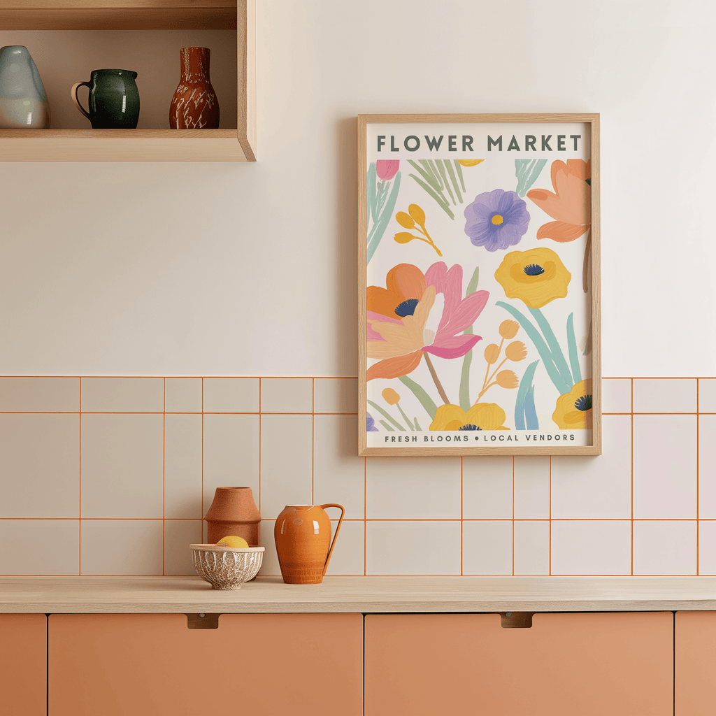 Framed floral print titled 'Flower Market' on a kitchen wall with decorative vases and bowls.