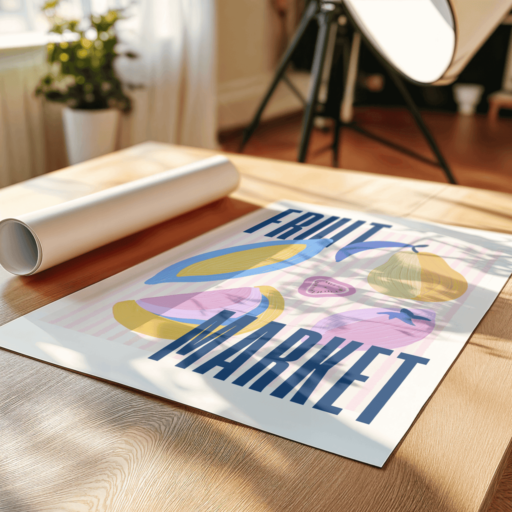 Poster with 'Fruit Market' design on a wooden table