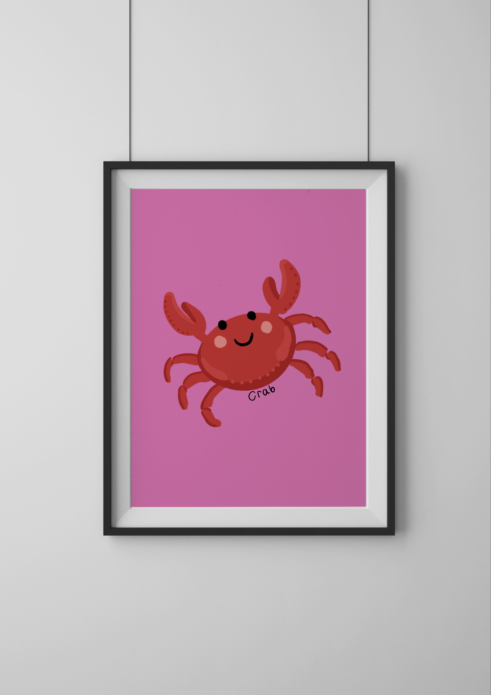 Framed artwork of a red crab on a pink background