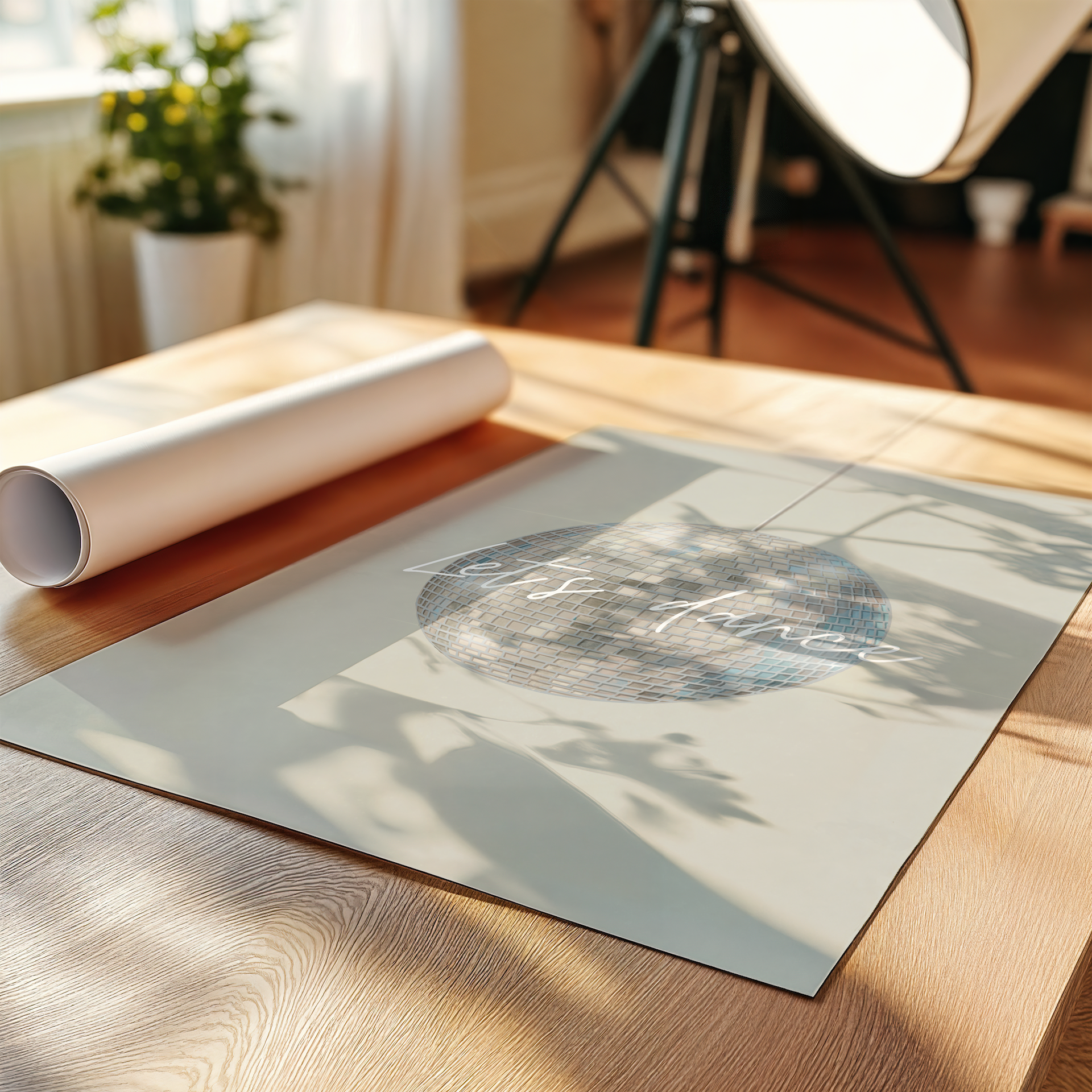 Rolled-up poster on a wooden table with a blurred indoor background