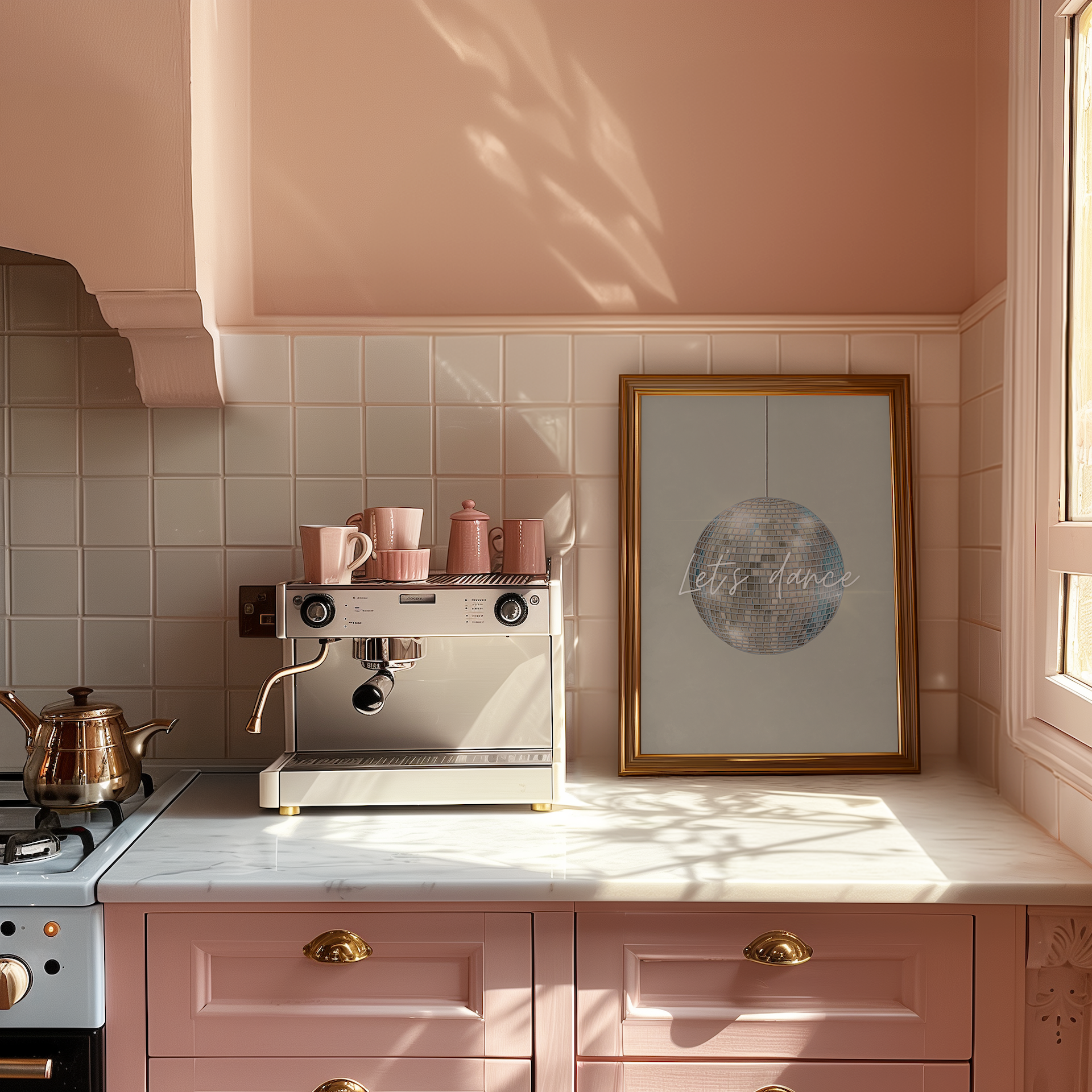 Music disco ball print in a kitchen with pink cabinets, marble countertop, and espresso machine.