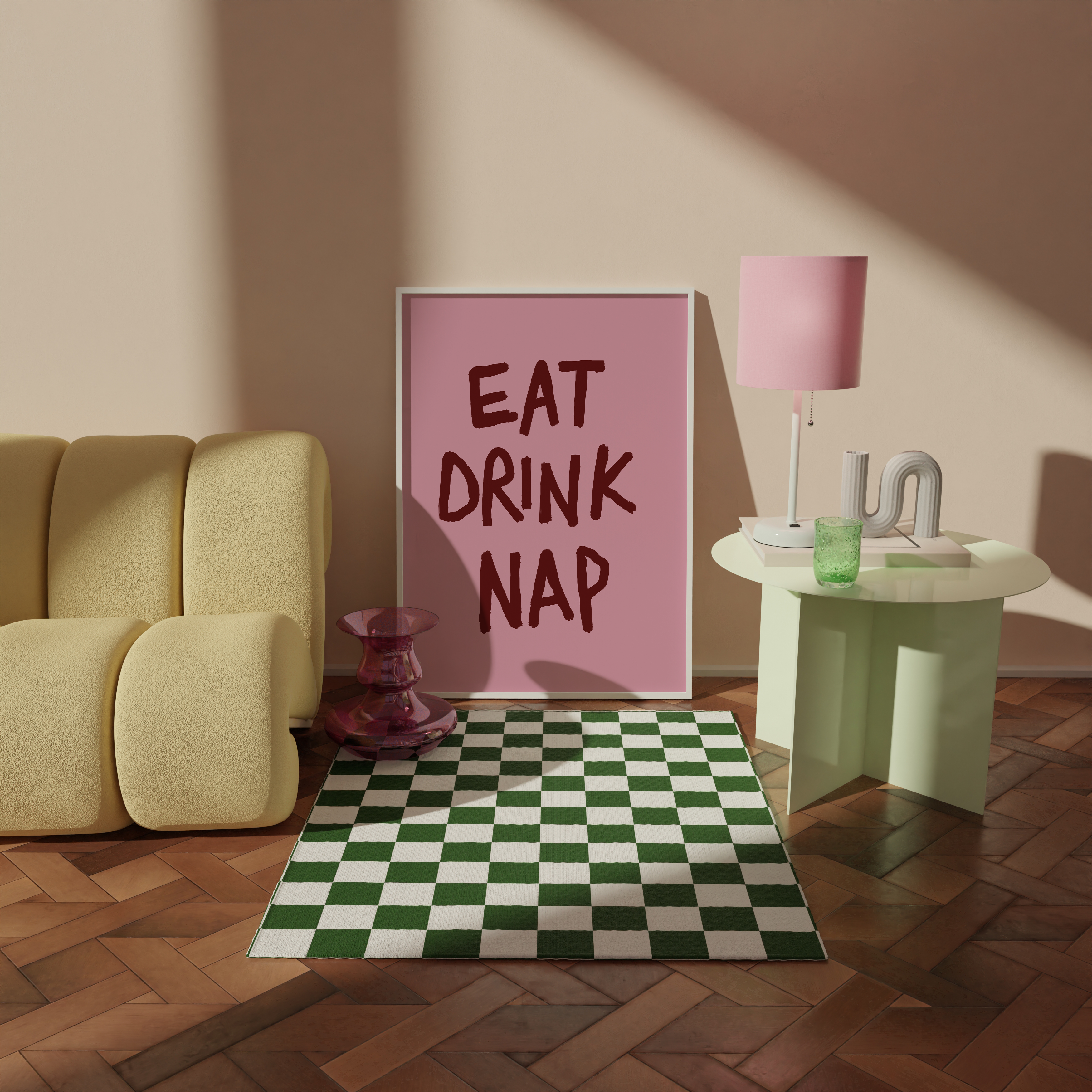 Living room with a yellow sofa, checkered rug, and pink 'Eat Drink Nap' poster.
