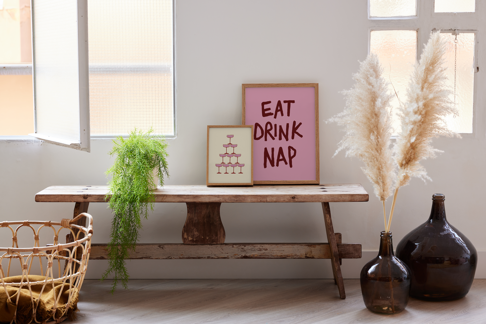 Living room with wooden bench, decorative vases, and framed signs.