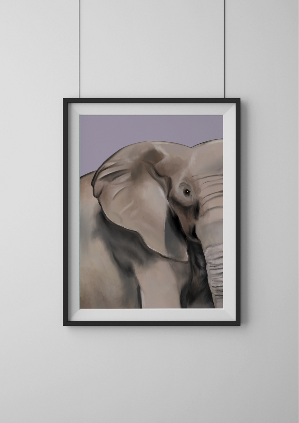 Framed artwork of two elephants on a light purple background