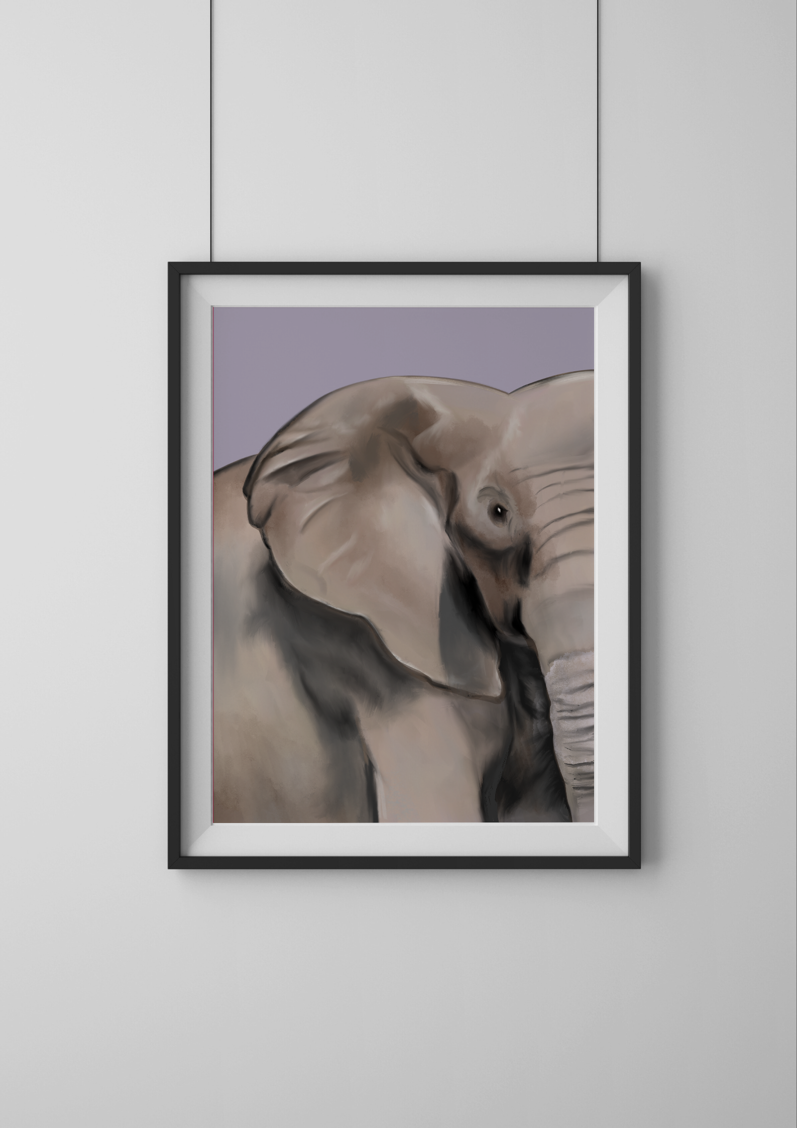 Framed artwork of two elephants on a light purple background
