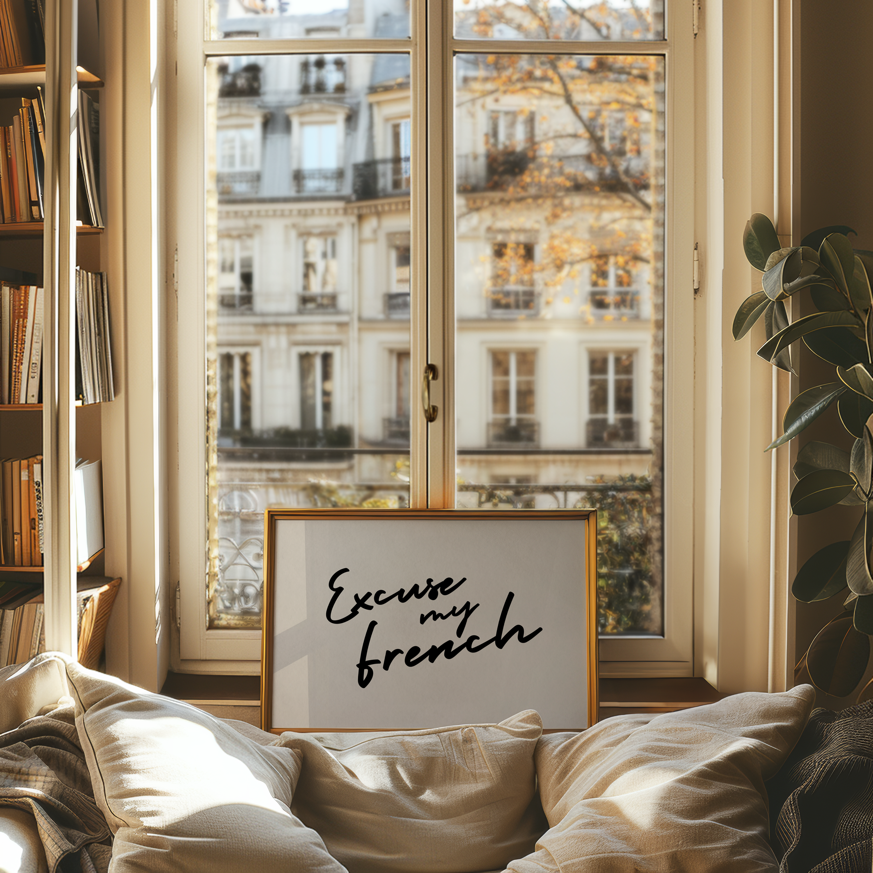 Framed picture with 'Excuse my French' text on a couch in a room with a window view.