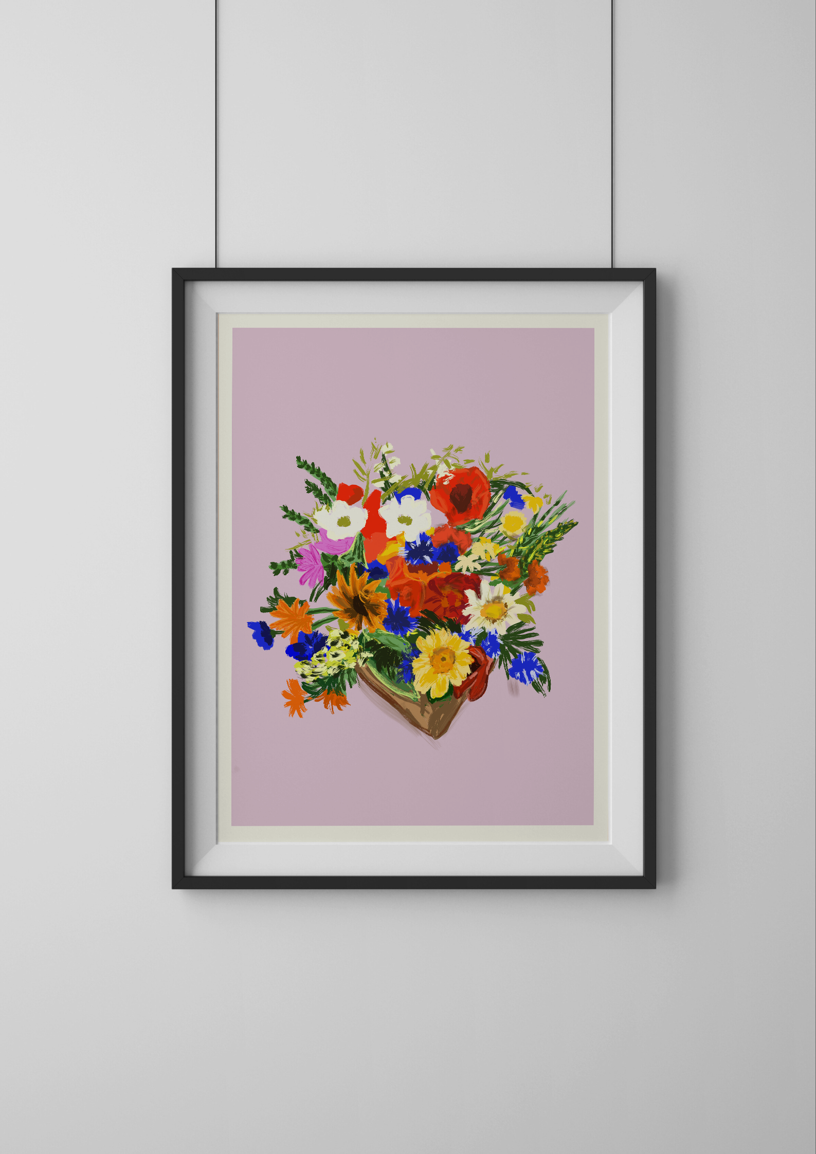 Framed artwork of a colorful floral arrangement on a light purple background