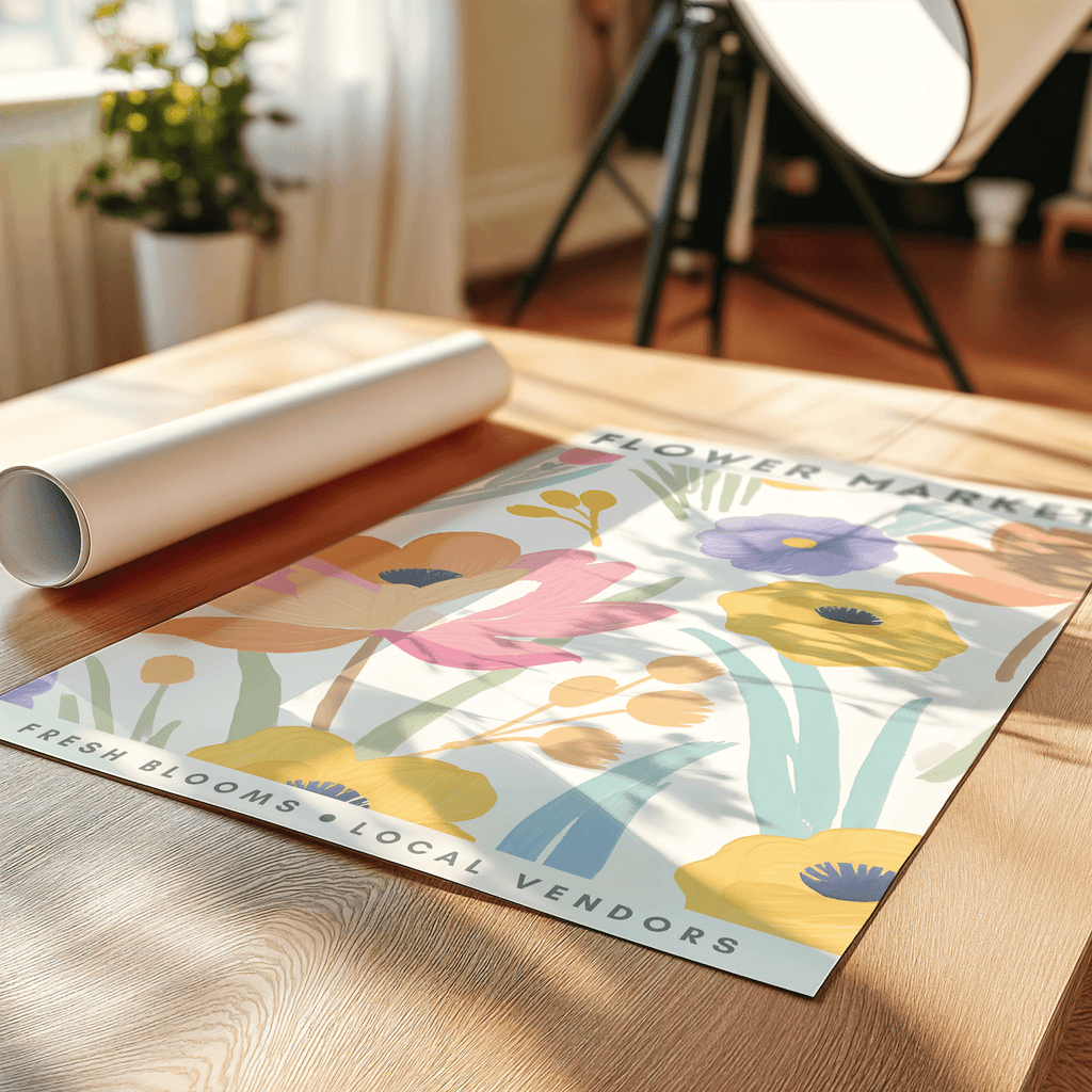 Floral design art print on a wooden table with a plant in the background