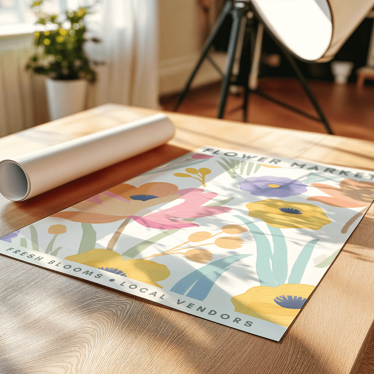Floral design art print on a wooden table with a plant in the background