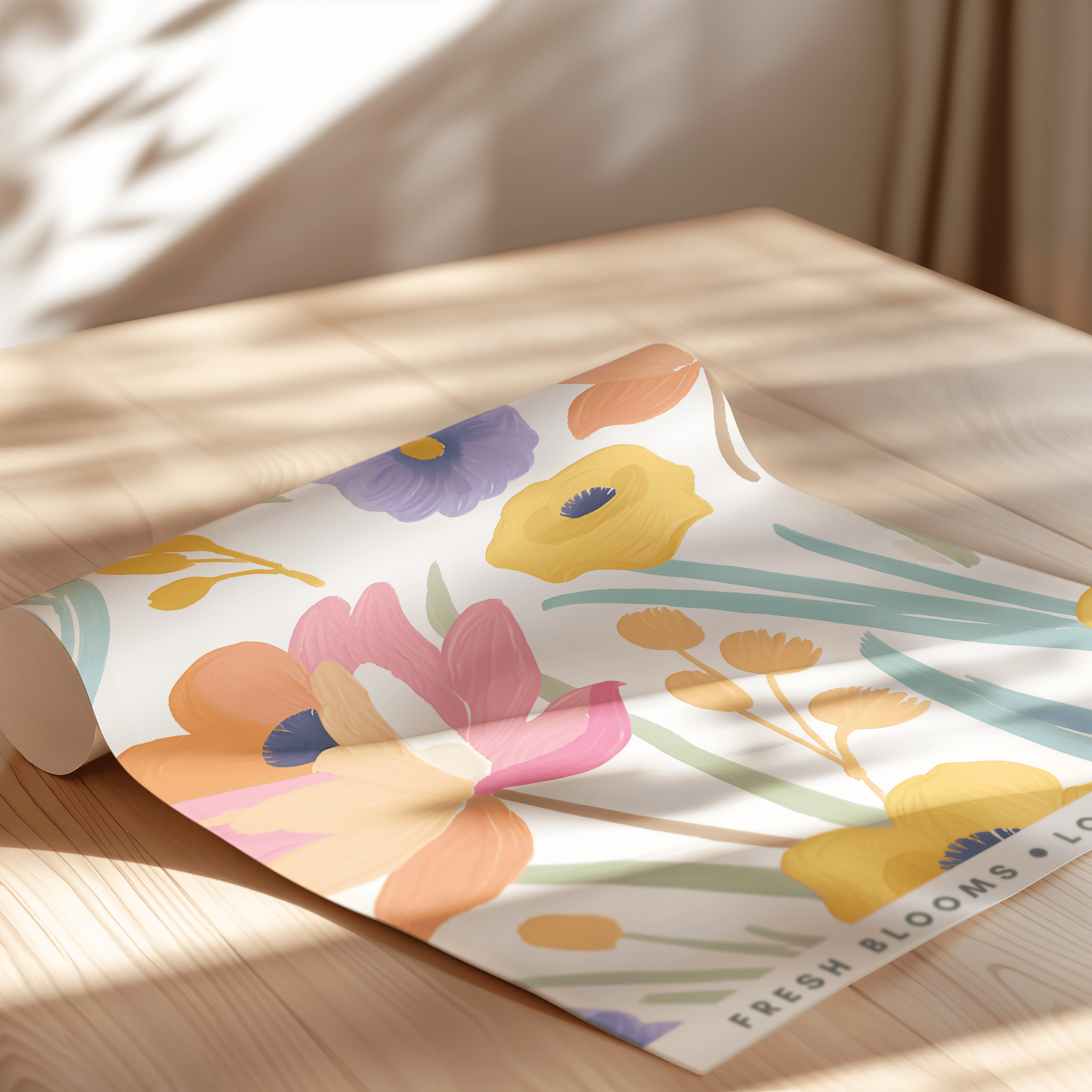 Roll of floral-patterned art print on a wooden surface with sunlight casting shadows.