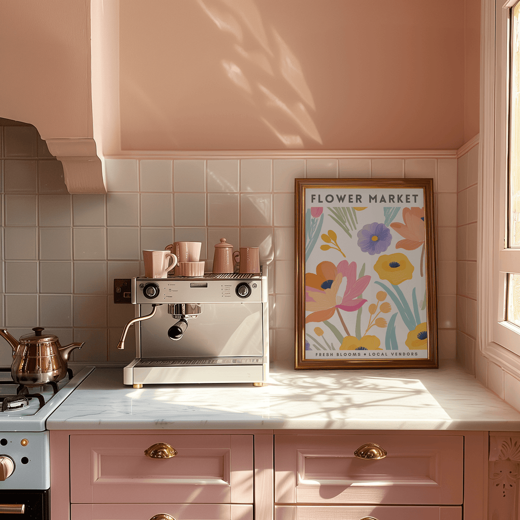 Kitchen with pink cabinets, a coffee machine, and a 'Flower Market' poster on a tiled wall.