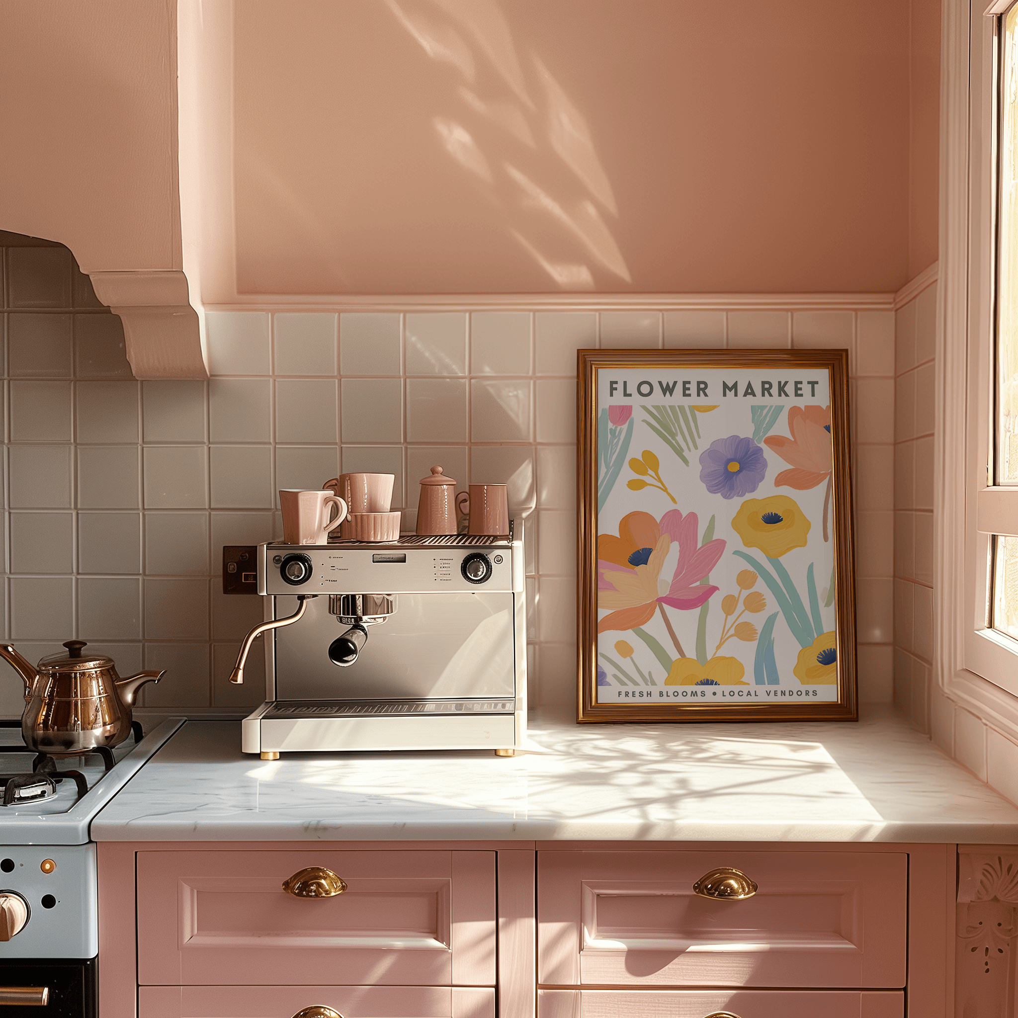 Kitchen with pink cabinets, a coffee machine, and a 'Flower Market' poster on a tiled wall.