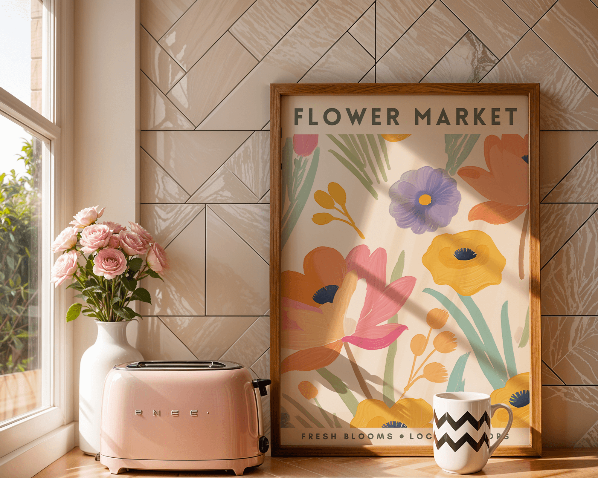 Decorative floral print poster on a wall with a pink toaster and mug below.