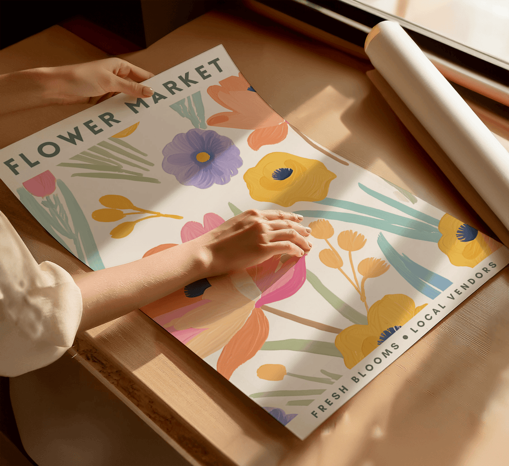 Person unrolling a colourful flower market poster on a wooden table.