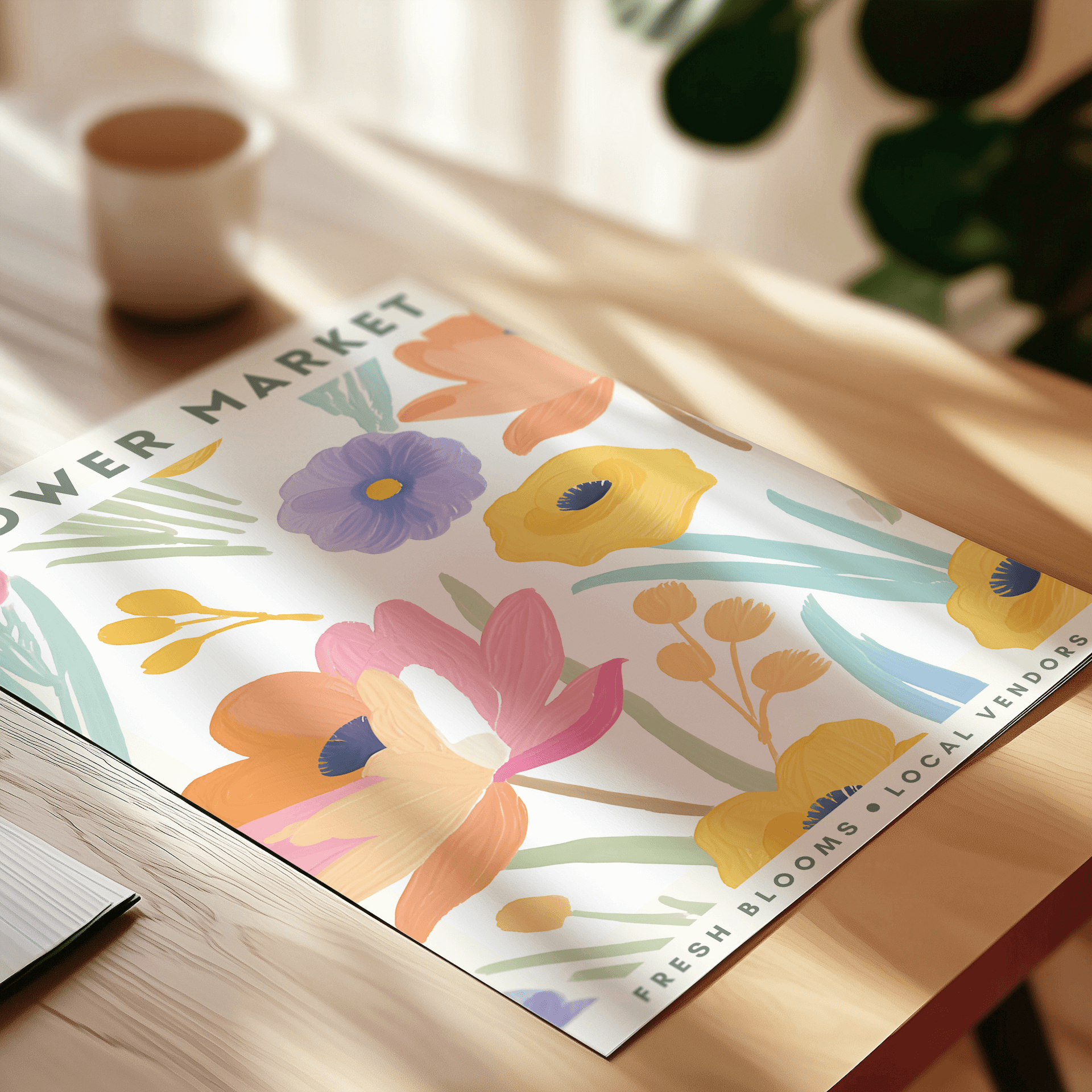 Floral design art print on a table with a cup and plant in the background