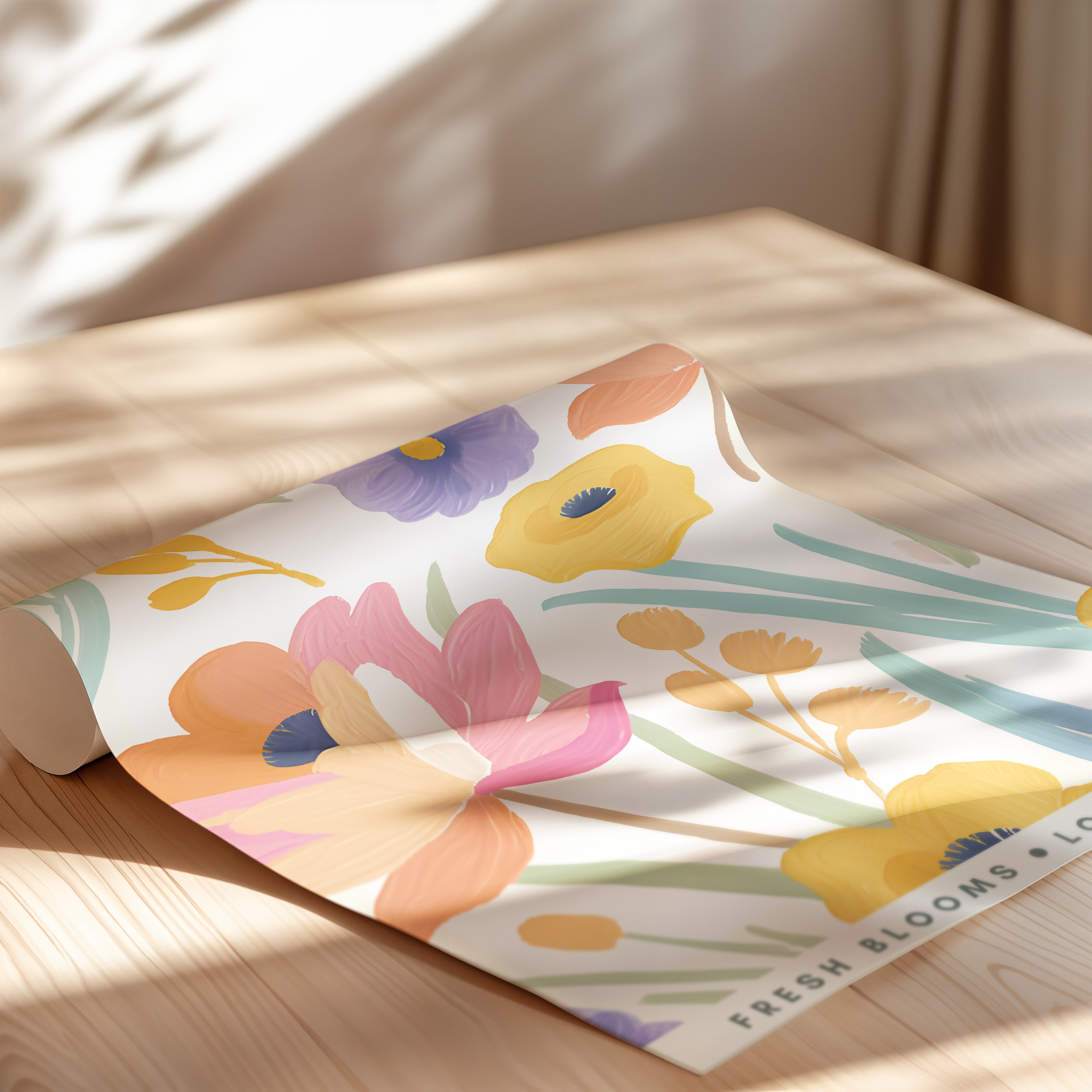 Roll of floral-patterned paper on a wooden surface with sunlight casting shadows.