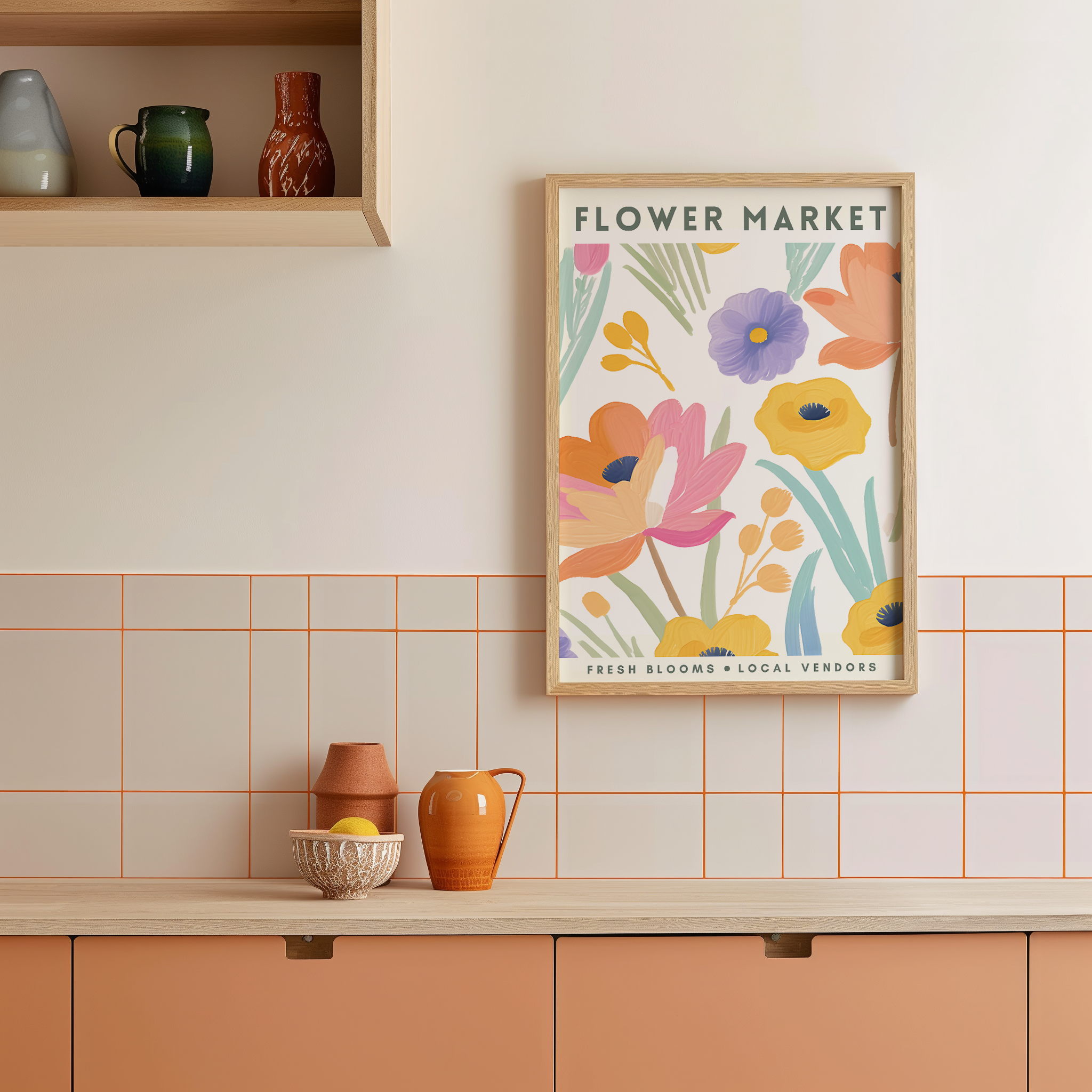 Framed floral print titled 'Flower Market' on a kitchen wall with decorative vases and bowls.