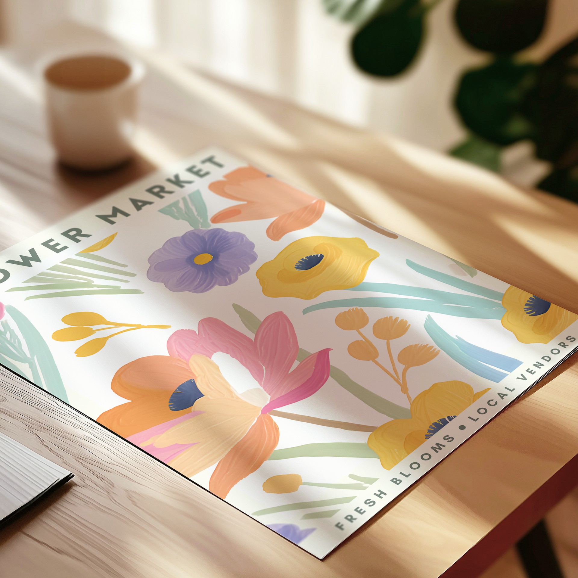 Floral design on a table with a cup and plant in the background