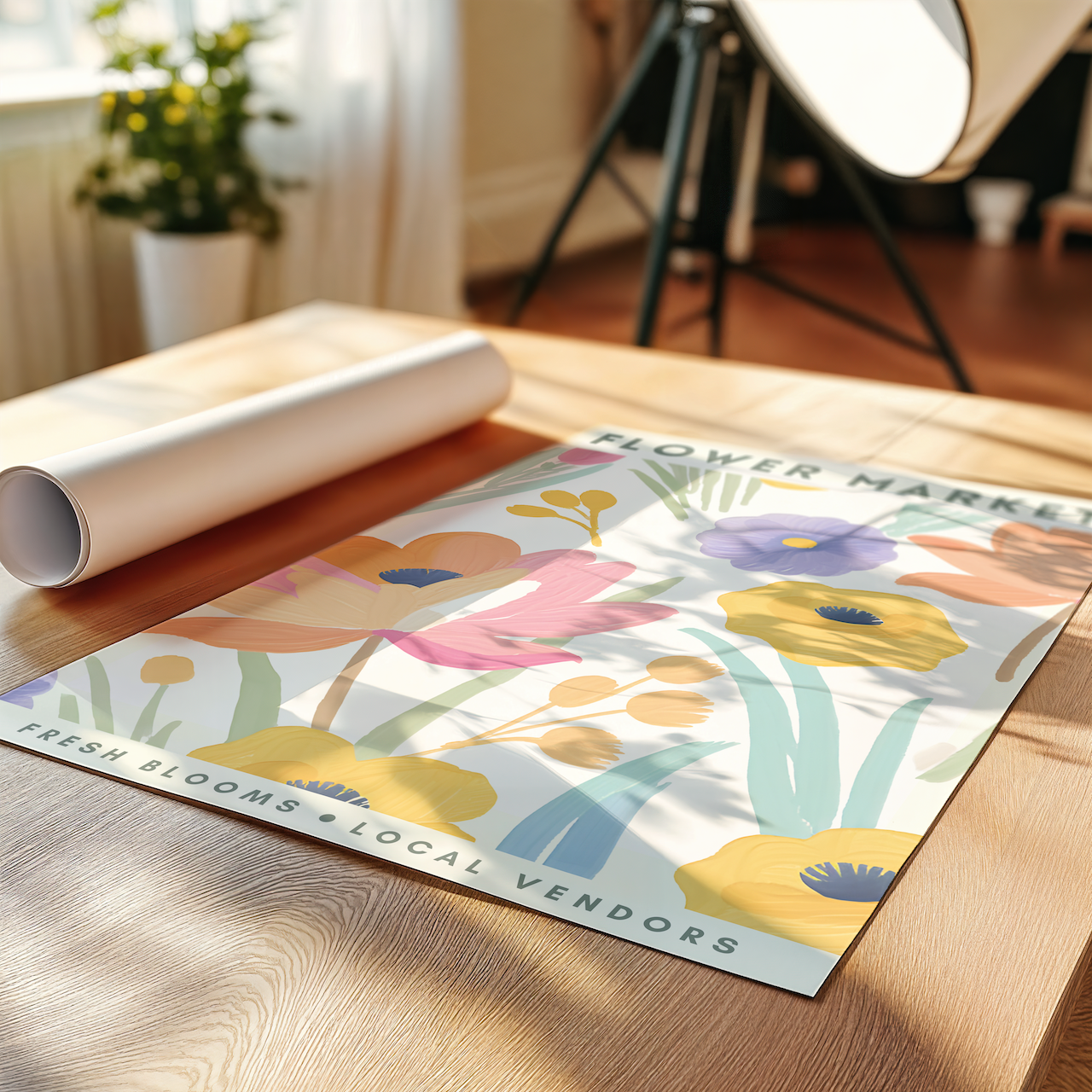 Floral design mat on a wooden table with a plant in the background