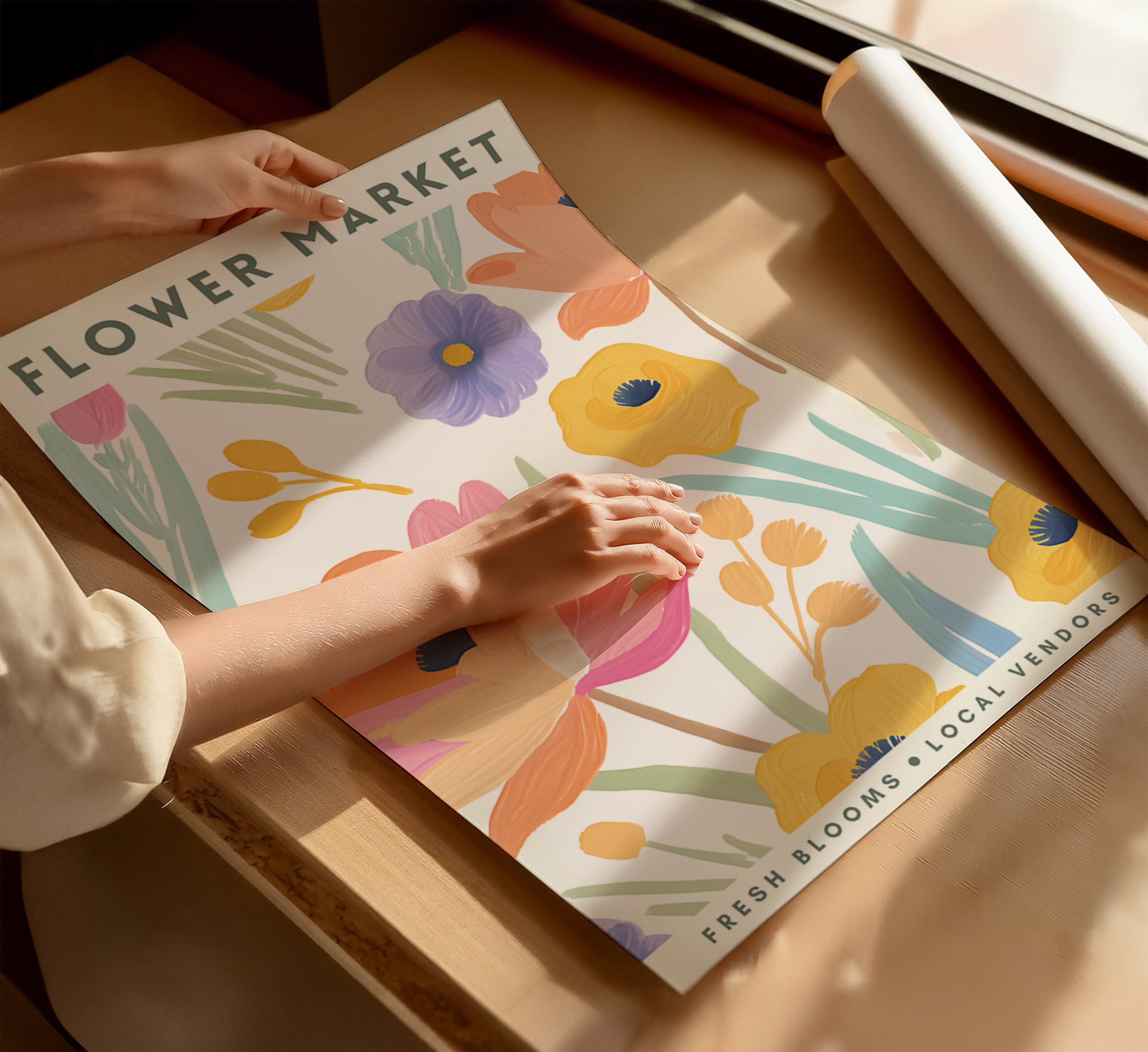 Person unrolling a colorful flower market placemat on a wooden table.
