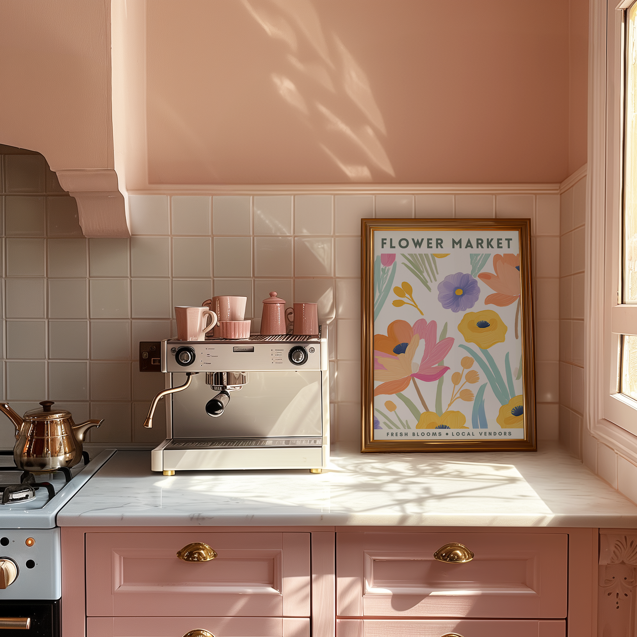 Kitchen with pink cabinets, a coffee machine, and a 'Flower Market' poster on a tiled wall.