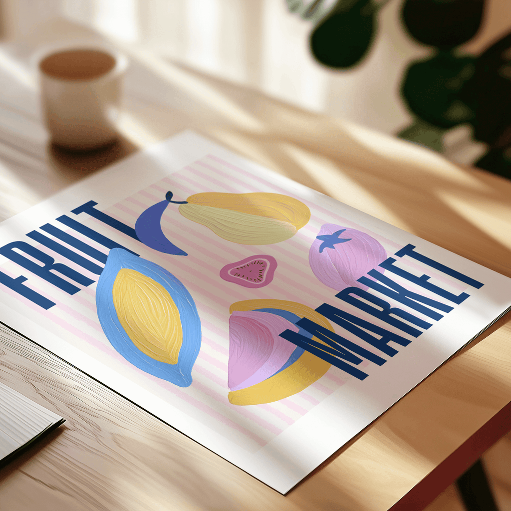 Colourful 'Fruit Market' art print on a wooden surface with a blurred background