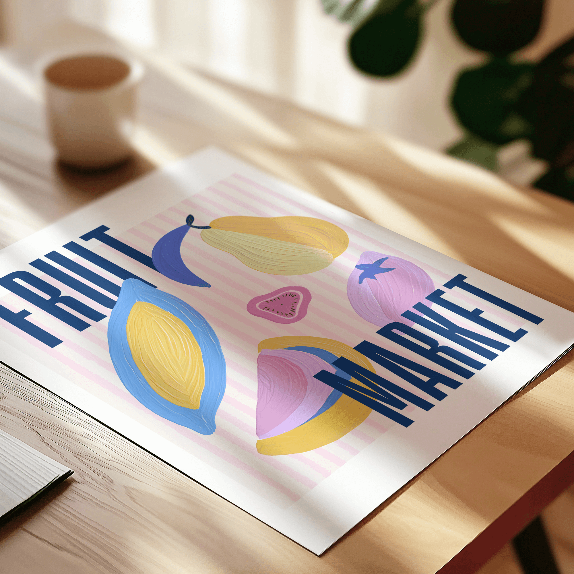 Colourful 'Fruit Market' art print on a wooden surface with a blurred background
