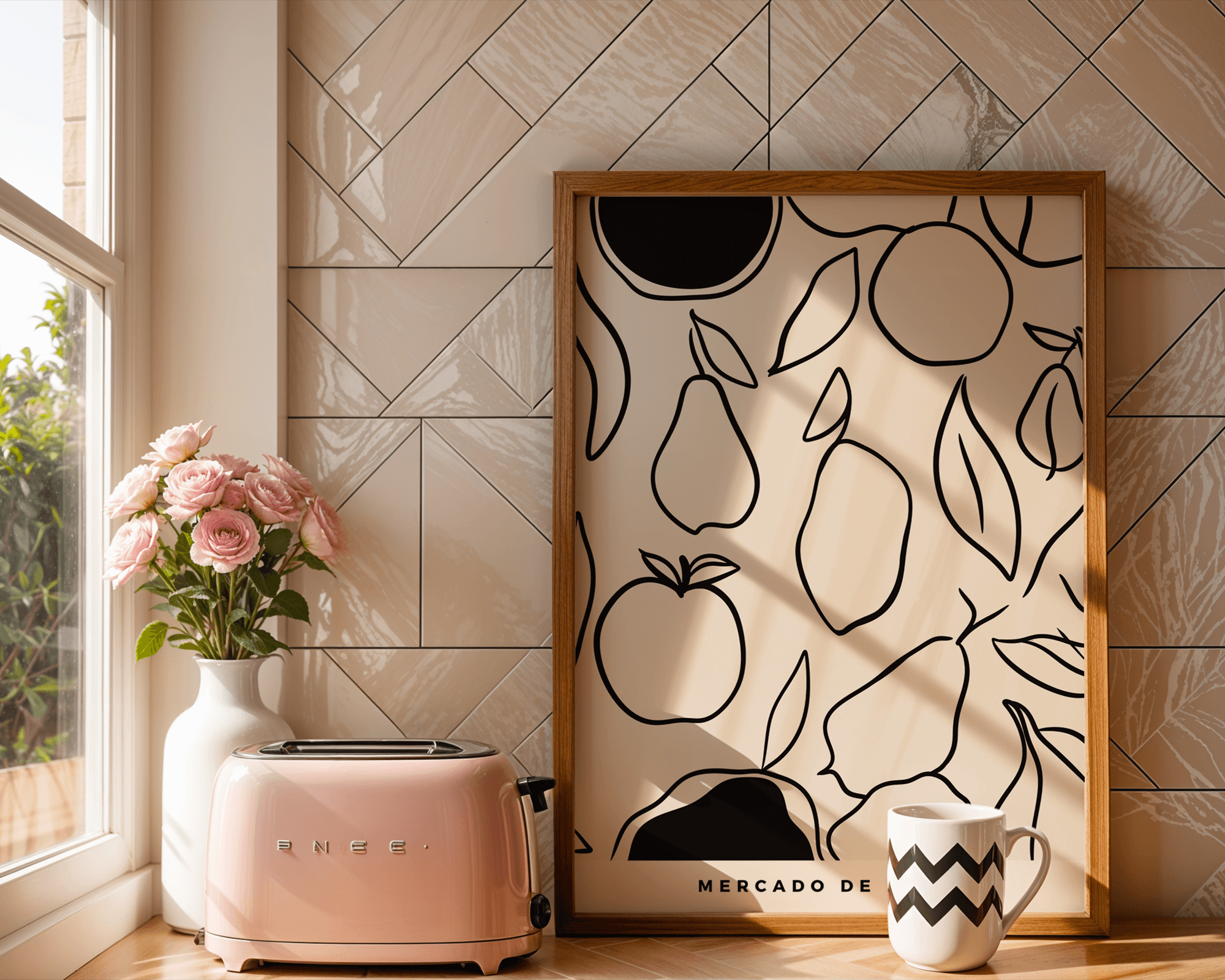 Decorative wall art with fruit and vegetable line drawings in a kitchen setting.