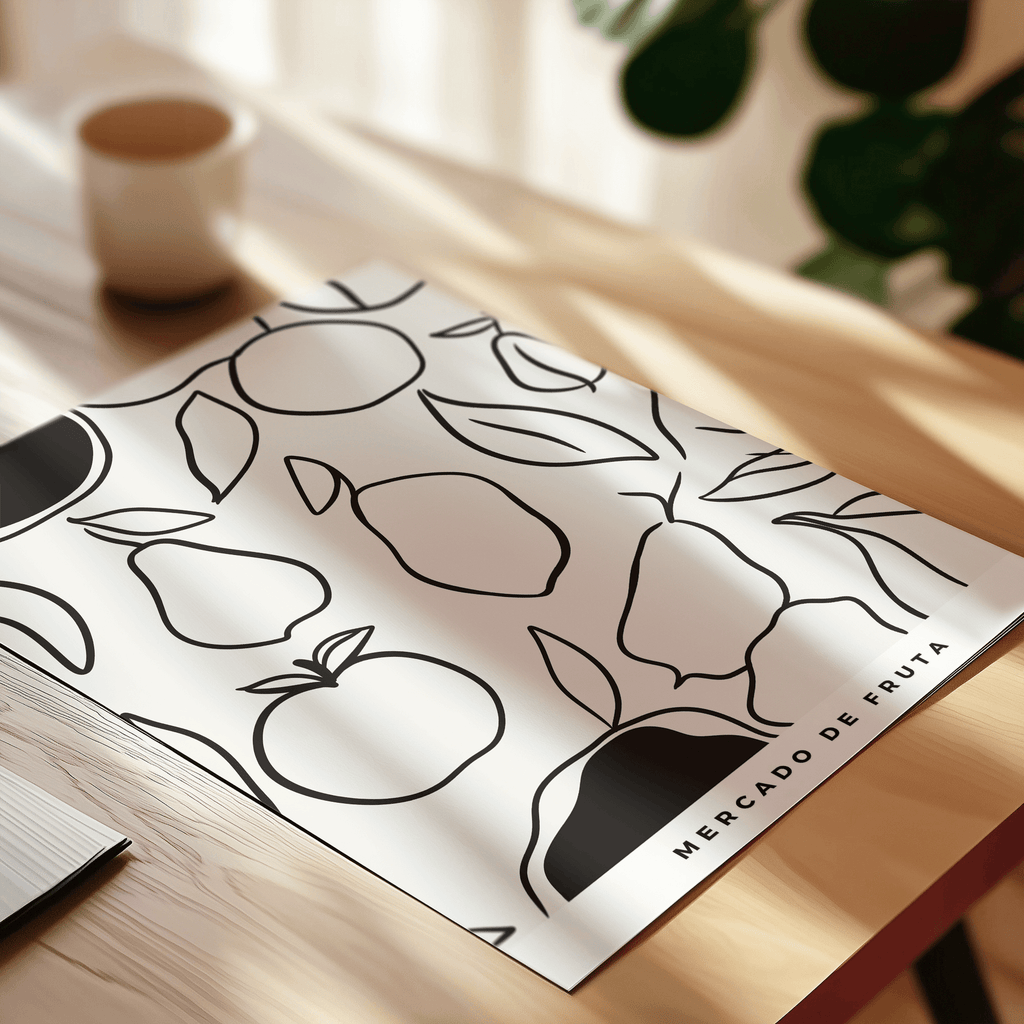 Print with fruit illustrations on a wooden table