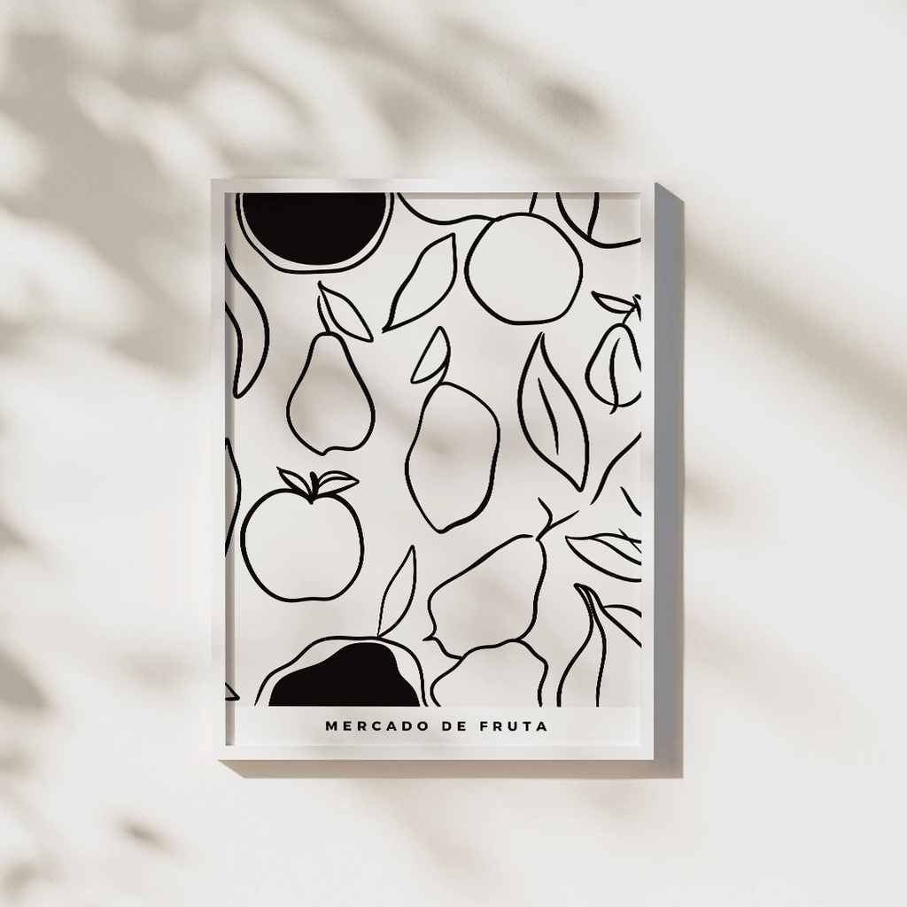 Framed artwork with black line art of fruits and leaves on a beige background