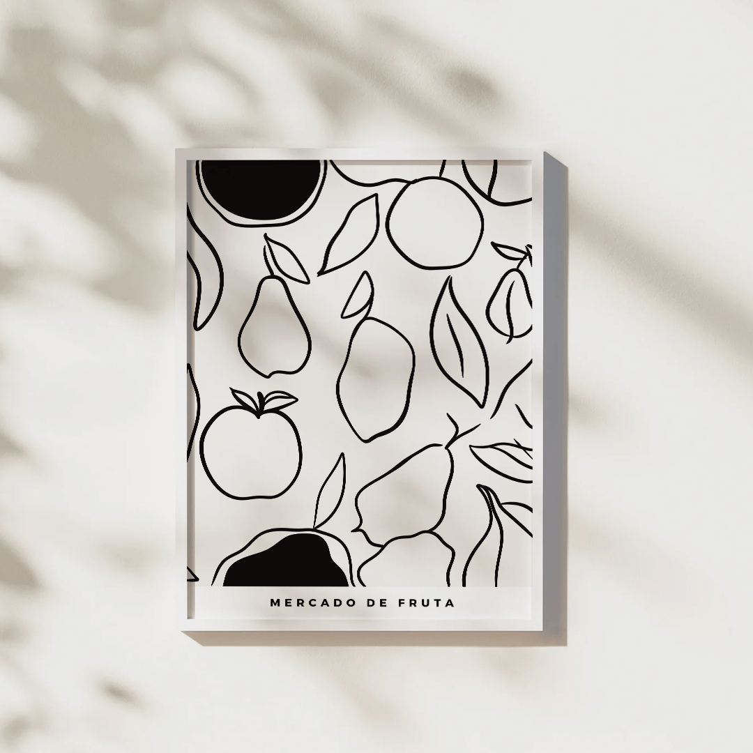 Framed artwork with black line art of fruits and leaves on a beige background
